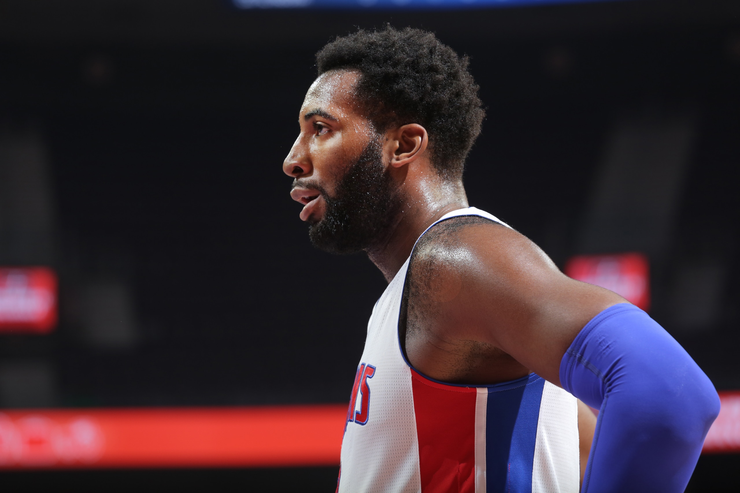 AUBURN HILLS, MI - OCTOBER 8: Andre Drummond #0 of the Detroit Pistons during the preseason game against the Brooklyn Nets  on October 68 2015 at The Palace of Auburn Hills in Auburn Hills, Michigan. NOTE TO USER: User expressly acknowledges and agrees th