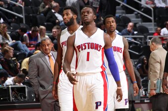 AUBURN HILLS, MI - OCTOBER 8: Reggie Jackson #1 of the Detroit Pistons during the preseason game against the Brooklyn Nets on October 68 2015 at The Palace of Auburn Hills in Auburn Hills, Michigan. NOTE TO USER: User expressly acknowledges and agrees tha