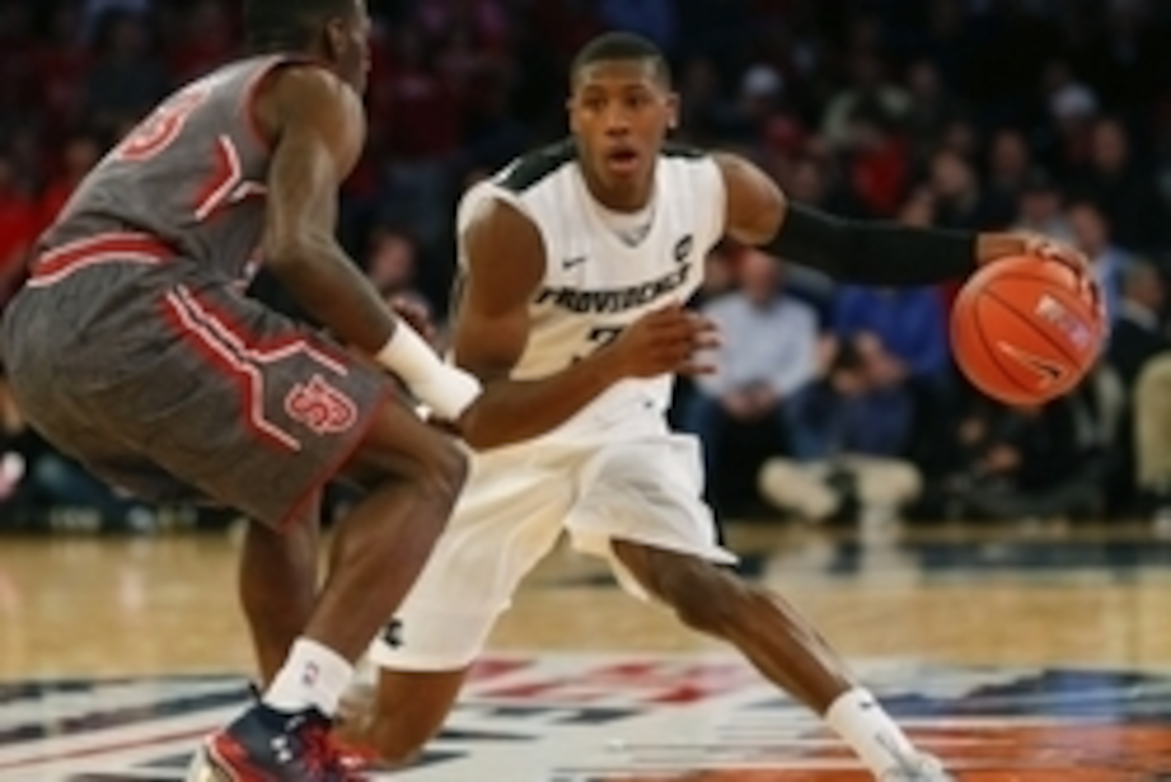 Mar 12, 2015; New  York, NY, USA; St. John's guard Rysheed Jordan (23) defends against Providence guard Kris Dunn (3) during the second  half of a quarterfinal game at Madison Square Garden. Providence defeated St. John's 74-57. Mandatory Credit: Noah K. 