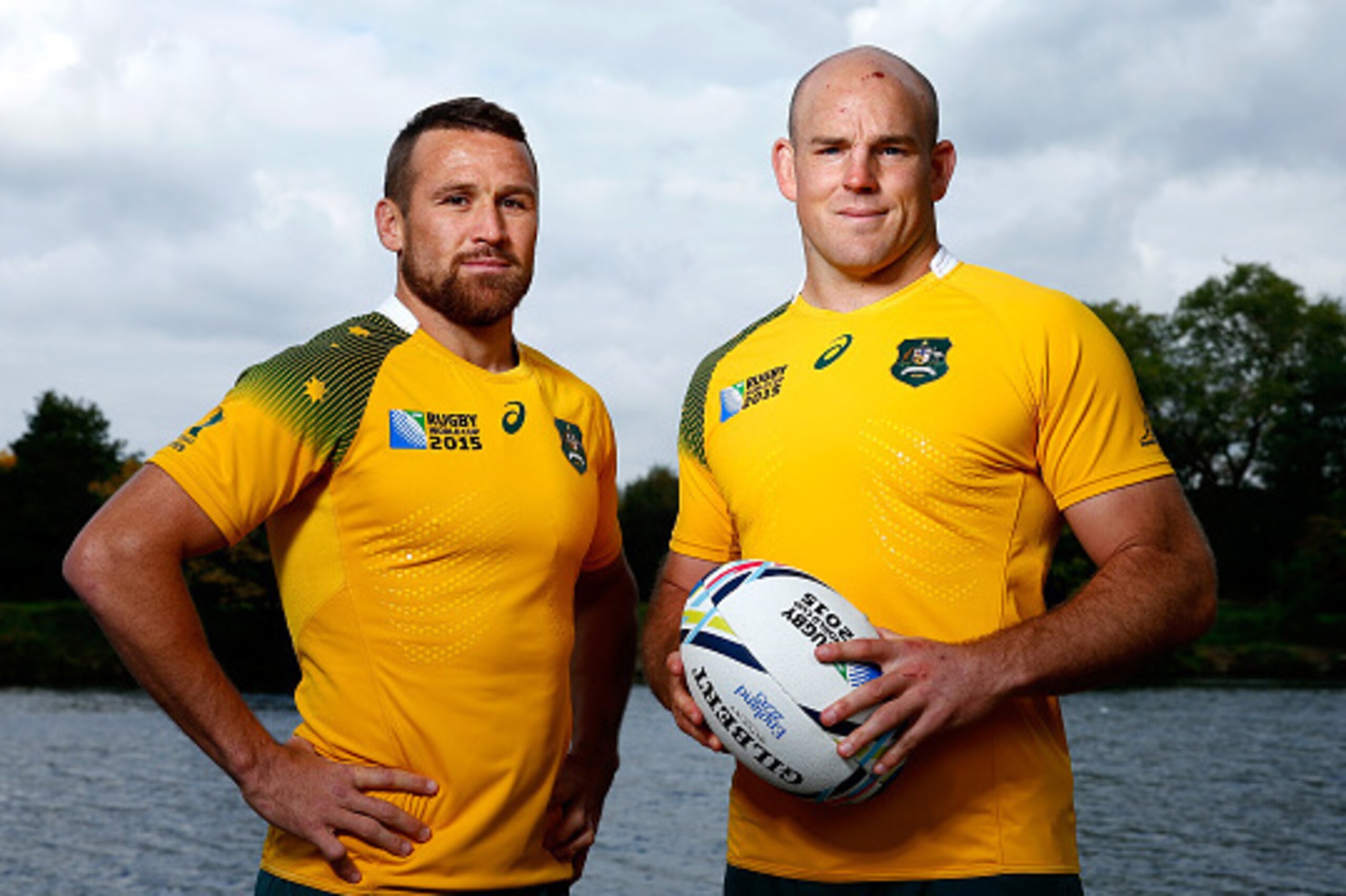 LONDON, ENGLAND - OCTOBER 13:  Matt Giteau of Australia (L) and Stephen Moore of Australia pose during an Australia media session at The Lensbury Hotel on October 13, 2015 in London, United Kingdom.  (Photo by Dan Mullan/Getty Images)