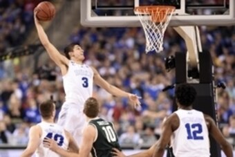 Apr 4, 2015; Indianapolis, IN, USA; Duke Blue Devils guard Grayson Allen (3) dunks against the Michigan State Spartans in the second half of the 2015 NCAA Men's Division I Championship semi-final game at Lucas Oil Stadium. Mandatory Credit: Bob Donnan-USA