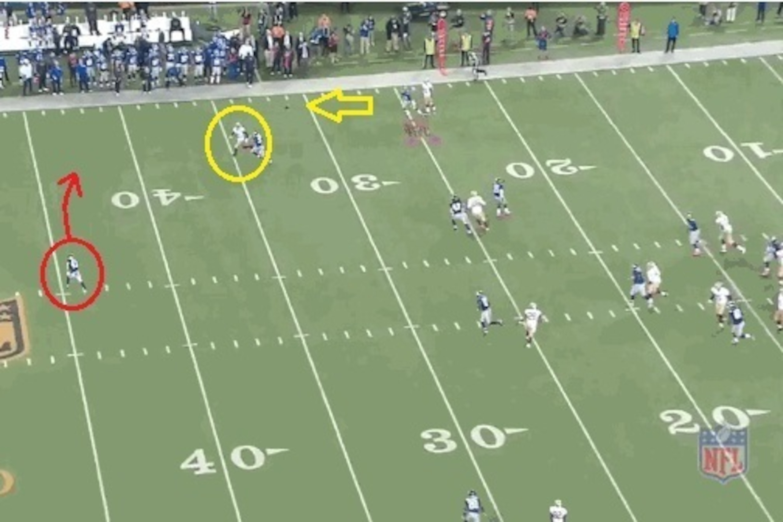 Kaepernick hits Boldin who has a step on his defender.