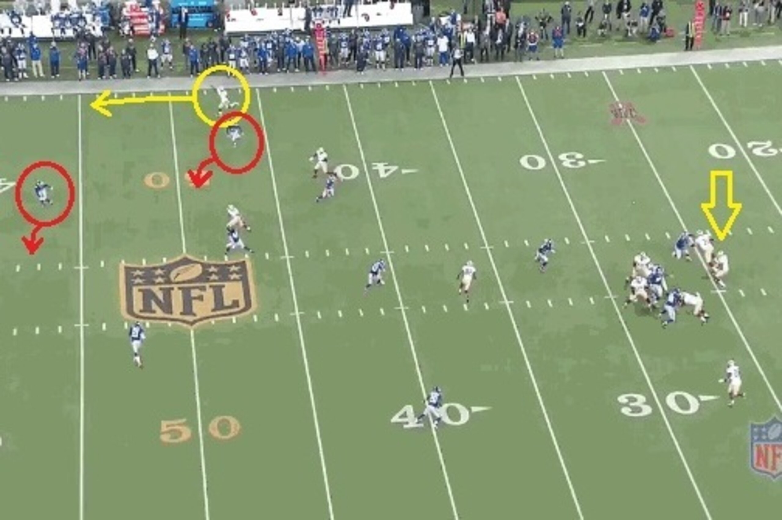 New York's defense is out of position, and Kaepernick still has time within the pocket to hit Patton in stride.