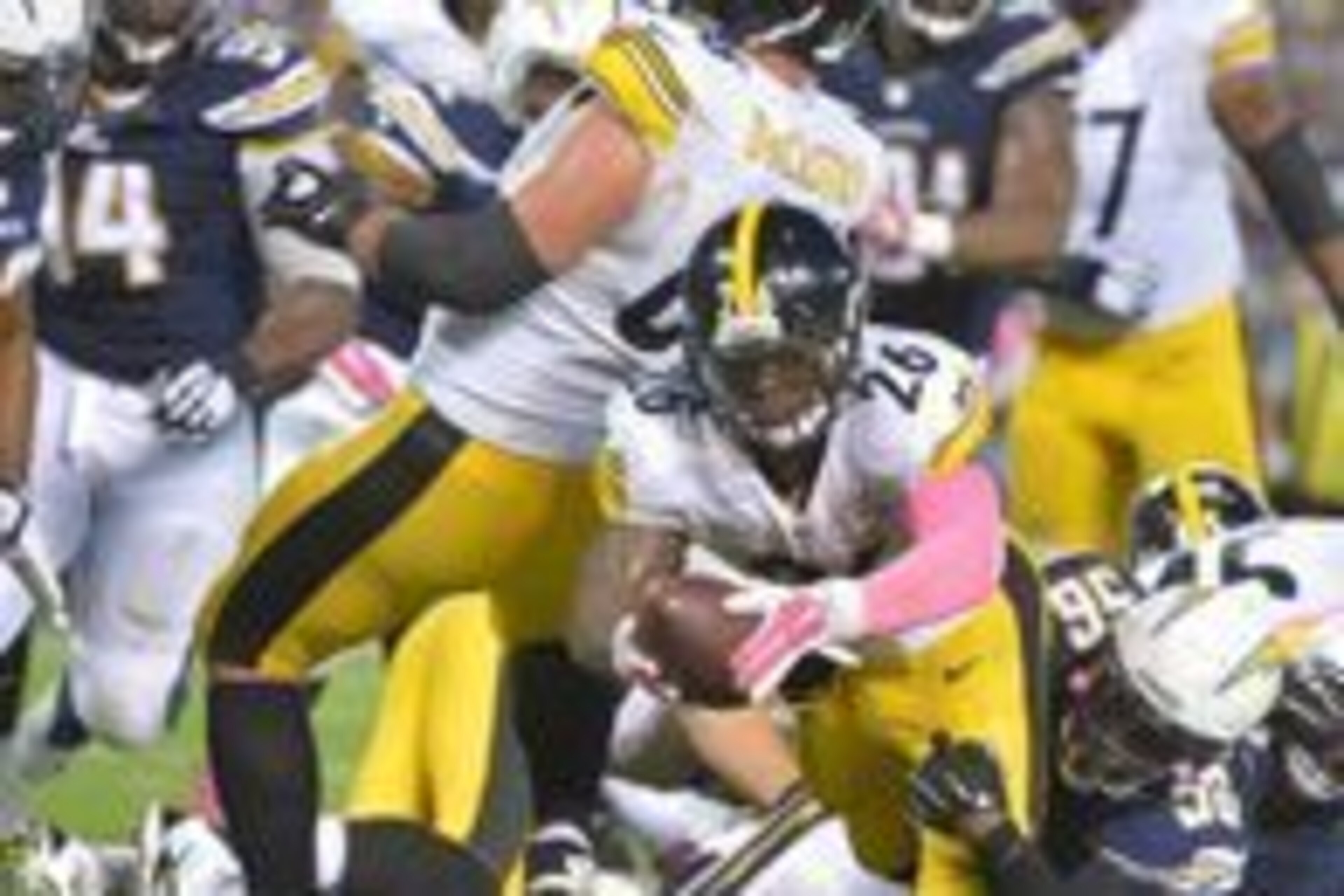 Oct 12, 2015; San Diego, CA, USA; Pittsburgh Steelers running back Le'Veon Bell (26) scores on a one-yard touchdown run with no time remaining against the San Diego Chargers at Qualcomm Stadium. The Steelers defeated the Chargers 24-20. Mandatory Credit: