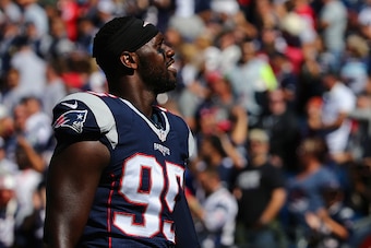 FOXBORO, MA - SEPTEMBER 27:   Chandler Jones #95 of the New England Patriots looks on during the game against the Jacksonville Jaguars at Gillette Stadium on September 27, 2015 in Foxboro, Massachusetts.  (Photo by Maddie Meyer/Getty Images)