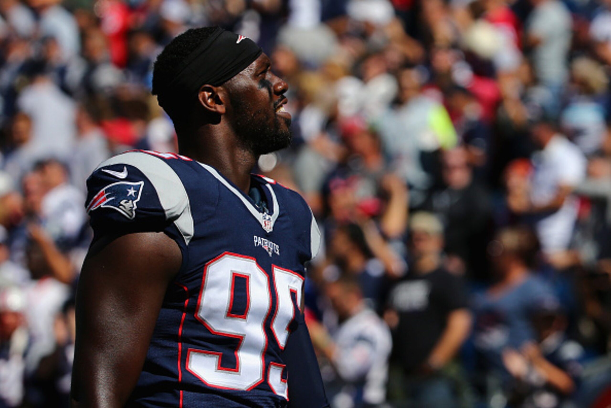 FOXBORO, MA - SEPTEMBER 27:   Chandler Jones #95 of the New England Patriots looks on during the game against the Jacksonville Jaguars at Gillette Stadium on September 27, 2015 in Foxboro, Massachusetts.  (Photo by Maddie Meyer/Getty Images)