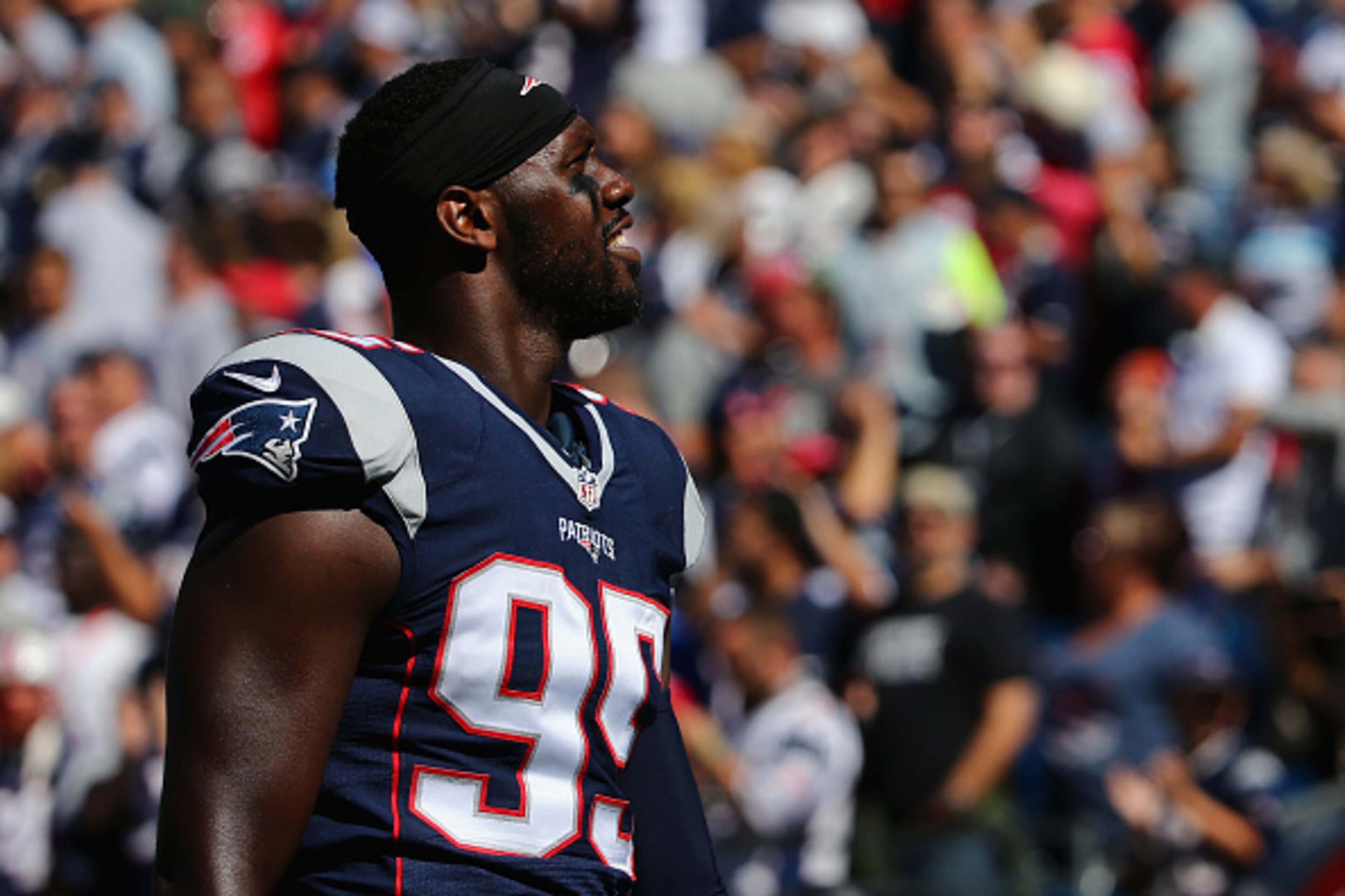 FOXBORO, MA - SEPTEMBER 27:   Chandler Jones #95 of the New England Patriots looks on during the game against the Jacksonville Jaguars at Gillette Stadium on September 27, 2015 in Foxboro, Massachusetts.  (Photo by Maddie Meyer/Getty Images)