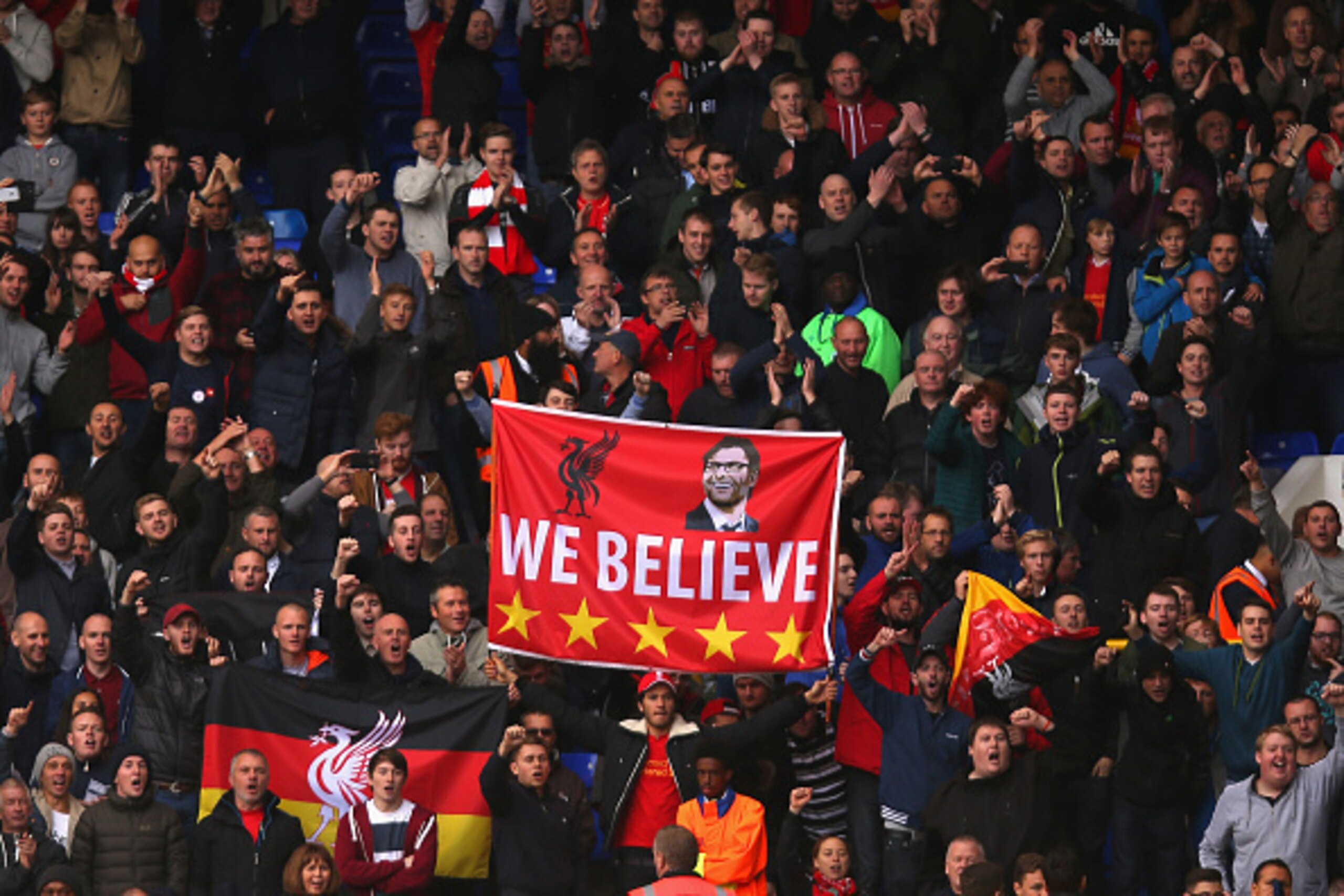 LONDON, ENGLAND - OCTOBER 17:  A banner to support new manager Jurgen Klopp is displayed among Liverpool supporters stand during the Barclays Premier League match between Tottenham Hotspur and Liverpool at White Hart Lane on October 17, 2015 in London, En