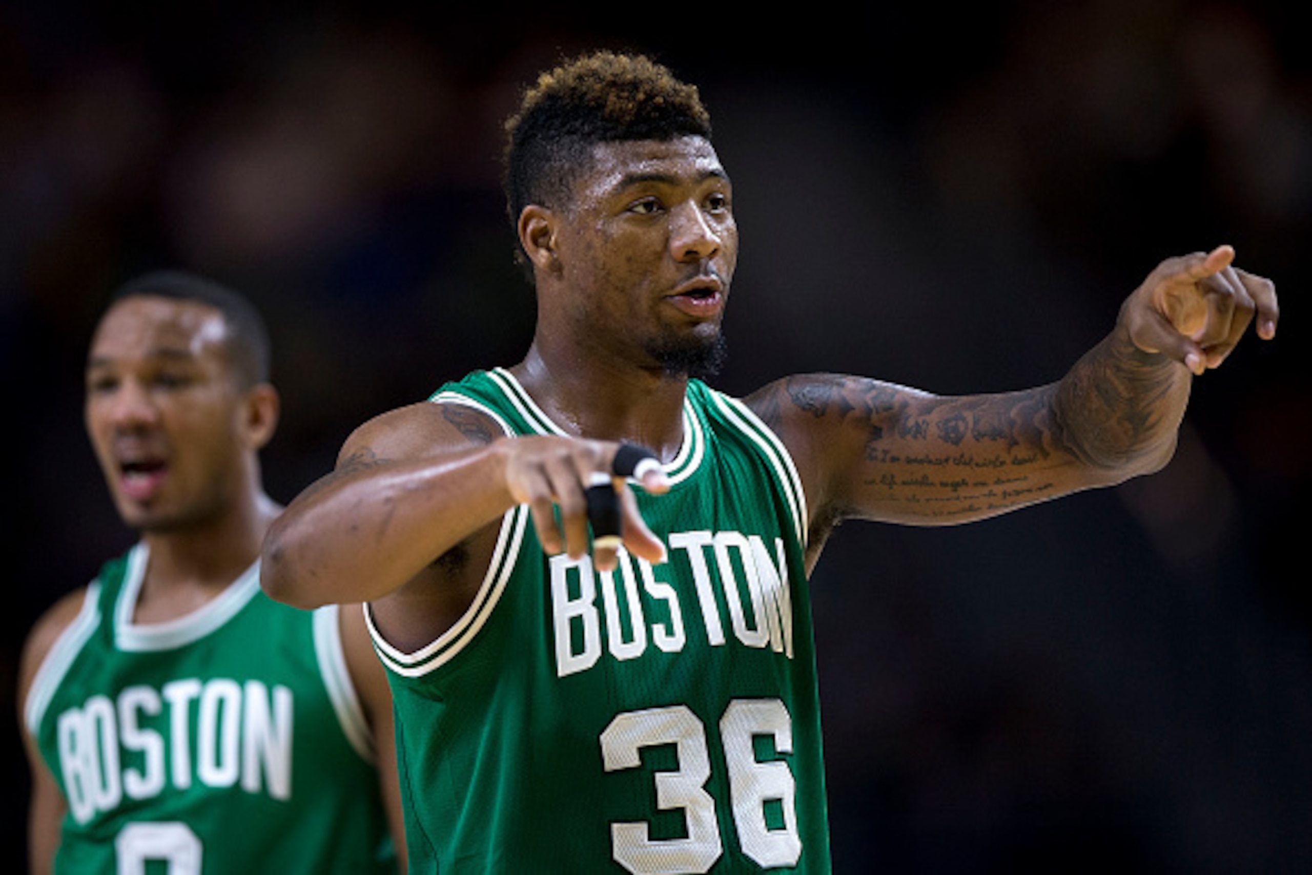 MADRID, SPAIN - OCTOBER 08: Marcus Smart of Boston Celtics gives instructions to his teammates during the friendlies of the NBA Global Games 2015 basketball match between Real Madrid and Boston Celtics at Barclaycard Center on October 8, 2015 in Madrid, S MADRID, SPAIN - OCTOBER 08: Marcus Smart of Boston Celtics gives instructions to his teammates during the friendlies of the NBA Global Games 2015 basketball match between Real Madrid and Boston Celtics at Barclaycard Center on October 8, 2015 in Madrid, S