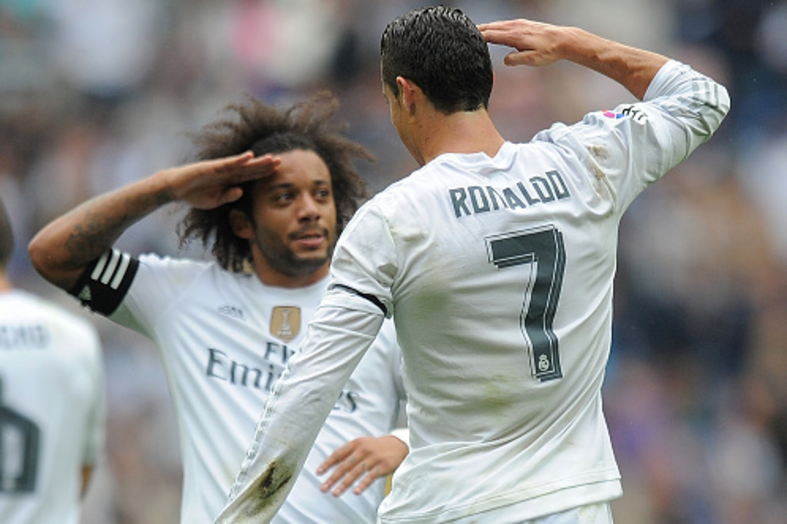 MADRID, SPAIN - OCTOBER 17:  Cristiano Ronaldo of Real Madrid celebrates with Marcelo after scoring Real's 2nd goal during the La Liga match between Real Madrid CF and Levante UD at estadio Santiago Bernabeu on October 17, 2015 in Madrid, Spain.  (Photo b