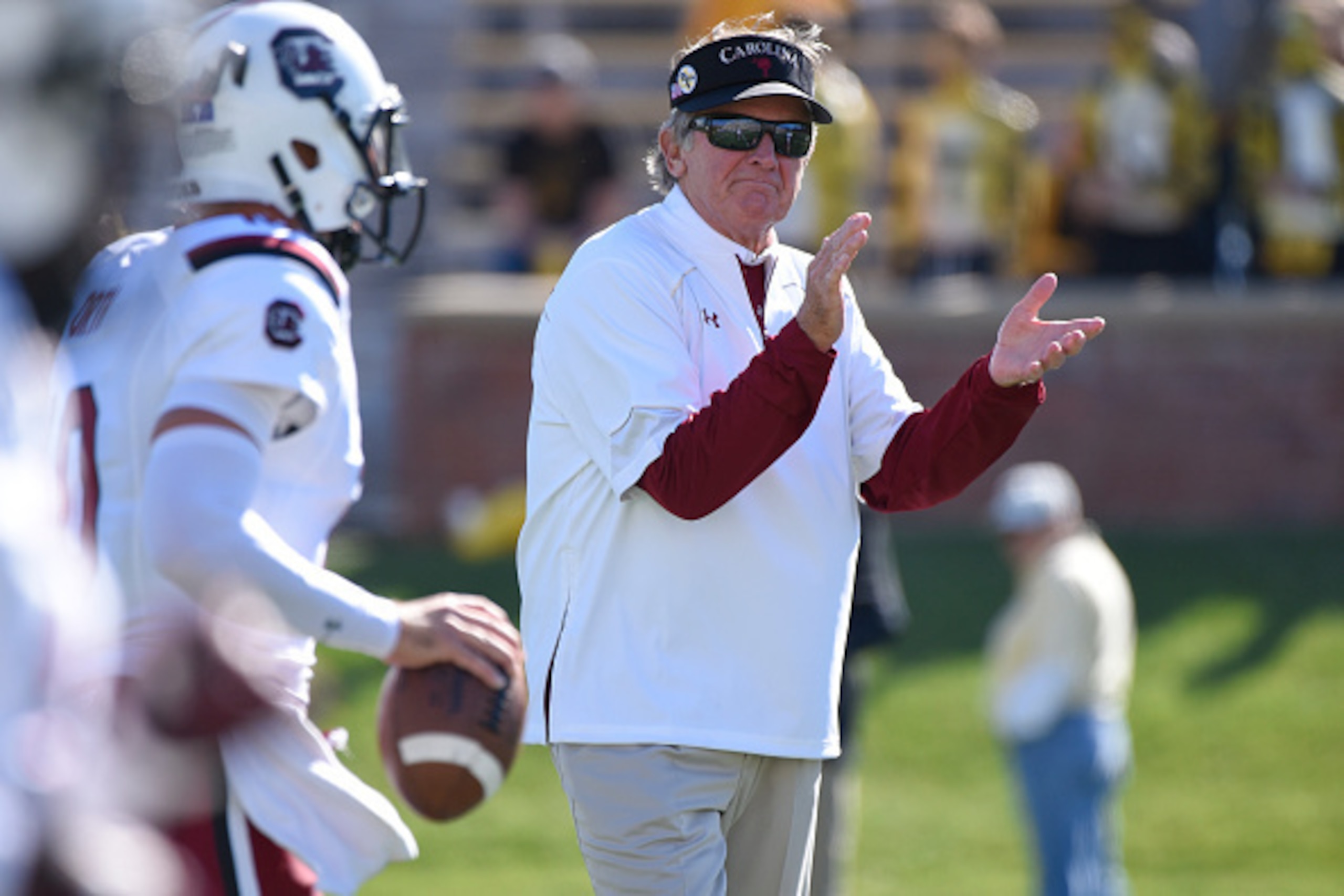 COLUMBIA , MO - OCTOBER 3:  Steve Spurrier head coach of the South Carolina Gamecocks watches his team during warm ups prior to a game against the Missouri Tigers at Memorial Stadium on October 3, 2015 in Columbia, Missouri.  (Photo by Ed Zurga/Getty Imag