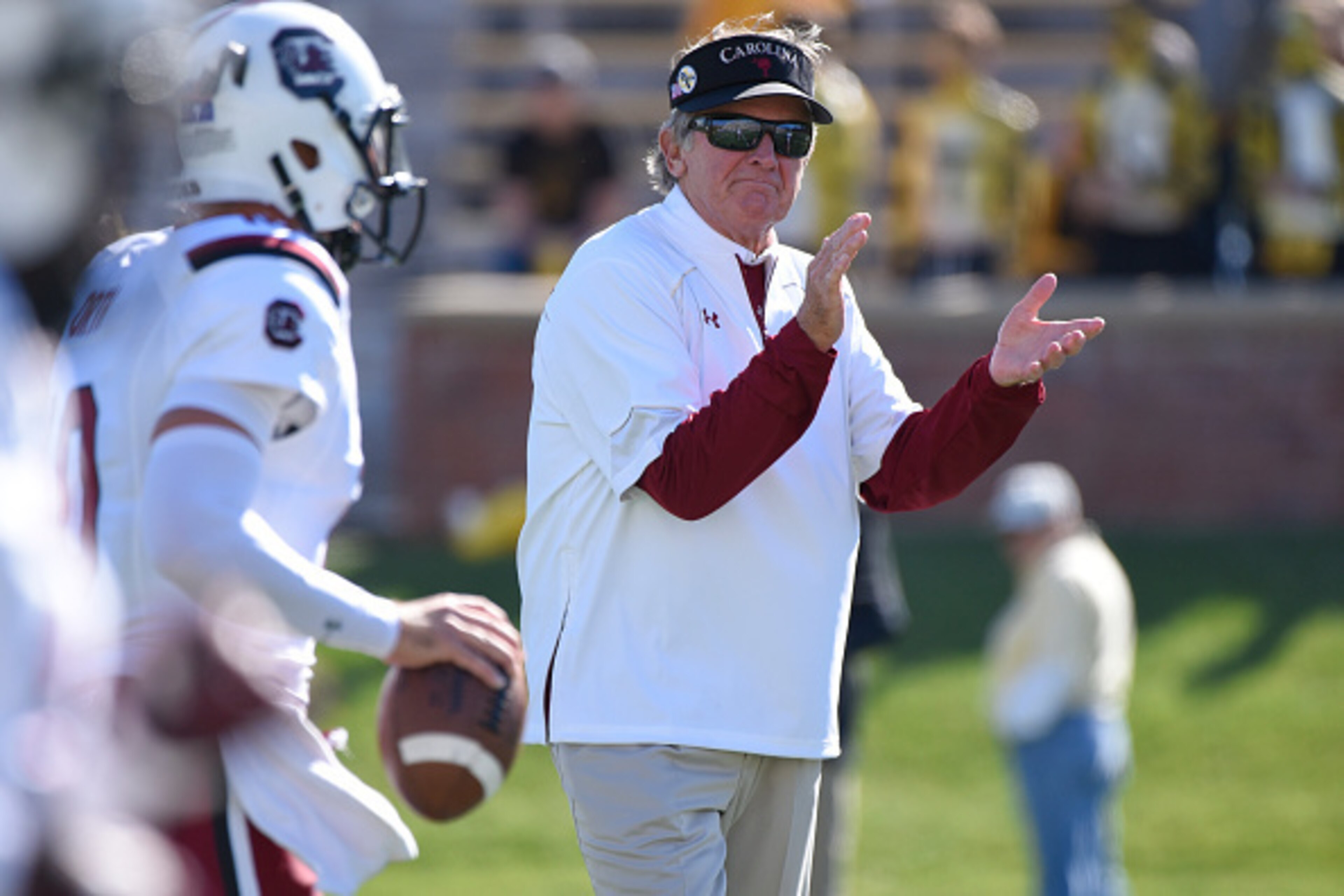 COLUMBIA , MO - OCTOBER 3:  Steve Spurrier head coach of the South Carolina Gamecocks watches his team during warm ups prior to a game against the Missouri Tigers at Memorial Stadium on October 3, 2015 in Columbia, Missouri.  (Photo by Ed Zurga/Getty Imag