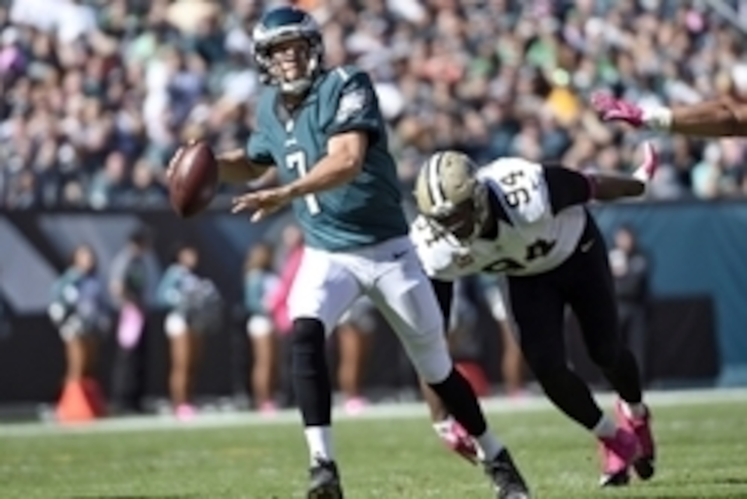 Oct 11, 2015; Philadelphia, PA, USA; Philadelphia Eagles quarterback Sam Bradford (7) scrambles away form New Orleans Saints defensive end Cameron Jordan (94) during the second quarter at Lincoln Financial Field. Mandatory Credit: Eric Hartline-USA TODAY 