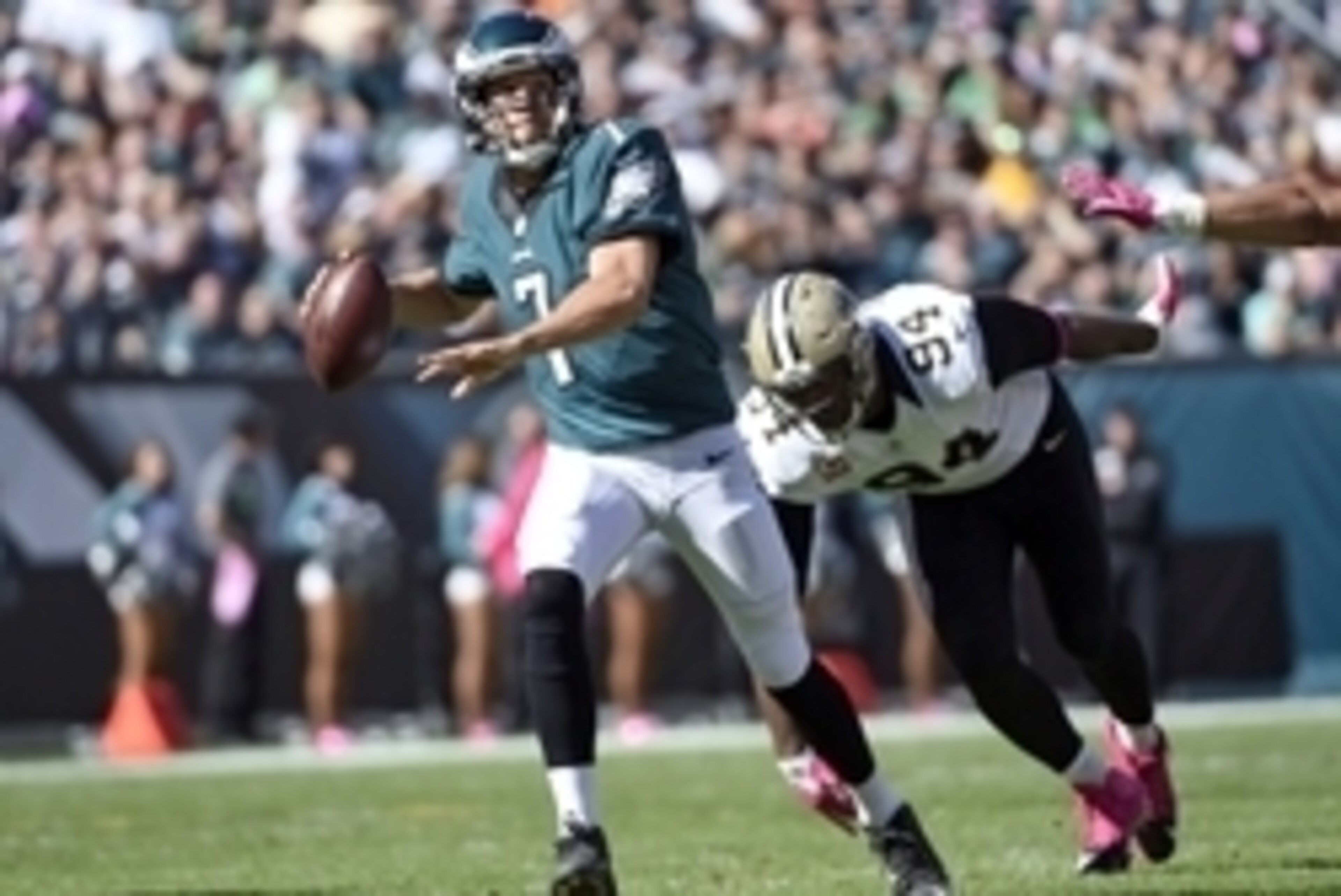 Oct 11, 2015; Philadelphia, PA, USA; Philadelphia Eagles quarterback Sam Bradford (7) scrambles away form New Orleans Saints defensive end Cameron Jordan (94) during the second quarter at Lincoln Financial Field. Mandatory Credit: Eric Hartline-USA TODAY 
