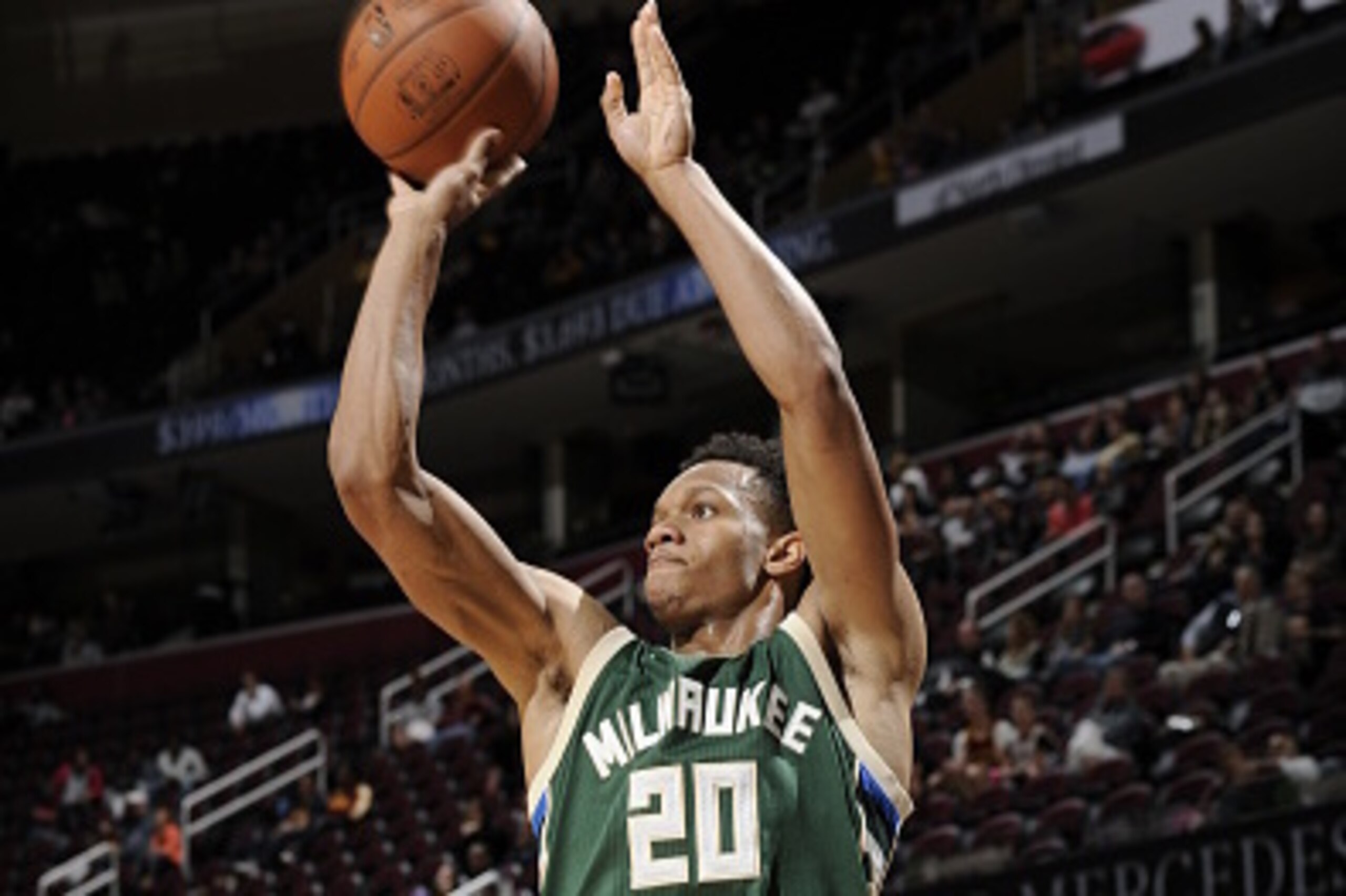 CLEVELAND, OH - OCTOBER 13:  Rashad Vaughn #20 of the Milwaukee Bucks shoots against the Cleveland Cavaliers on October 13, 2015 at Quicken Loans Arena in Cleveland, Ohio. NOTE TO USER: User expressly acknowledges and agrees that, by downloading and/or us