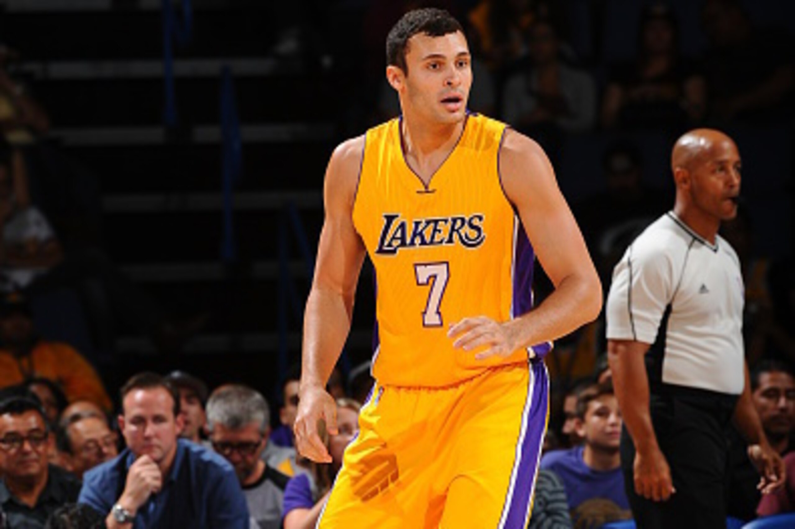 ONTARIO, CA - OCTOBER 8:  Larry Nance Jr. #7 of the Los Angeles Lakers looks on against the Toronto Raptors during a preseason game on October 8, 2015 at Citizens Business Bank Arena in Ontario, California. NOTE TO USER: User expressly acknowledges and ag