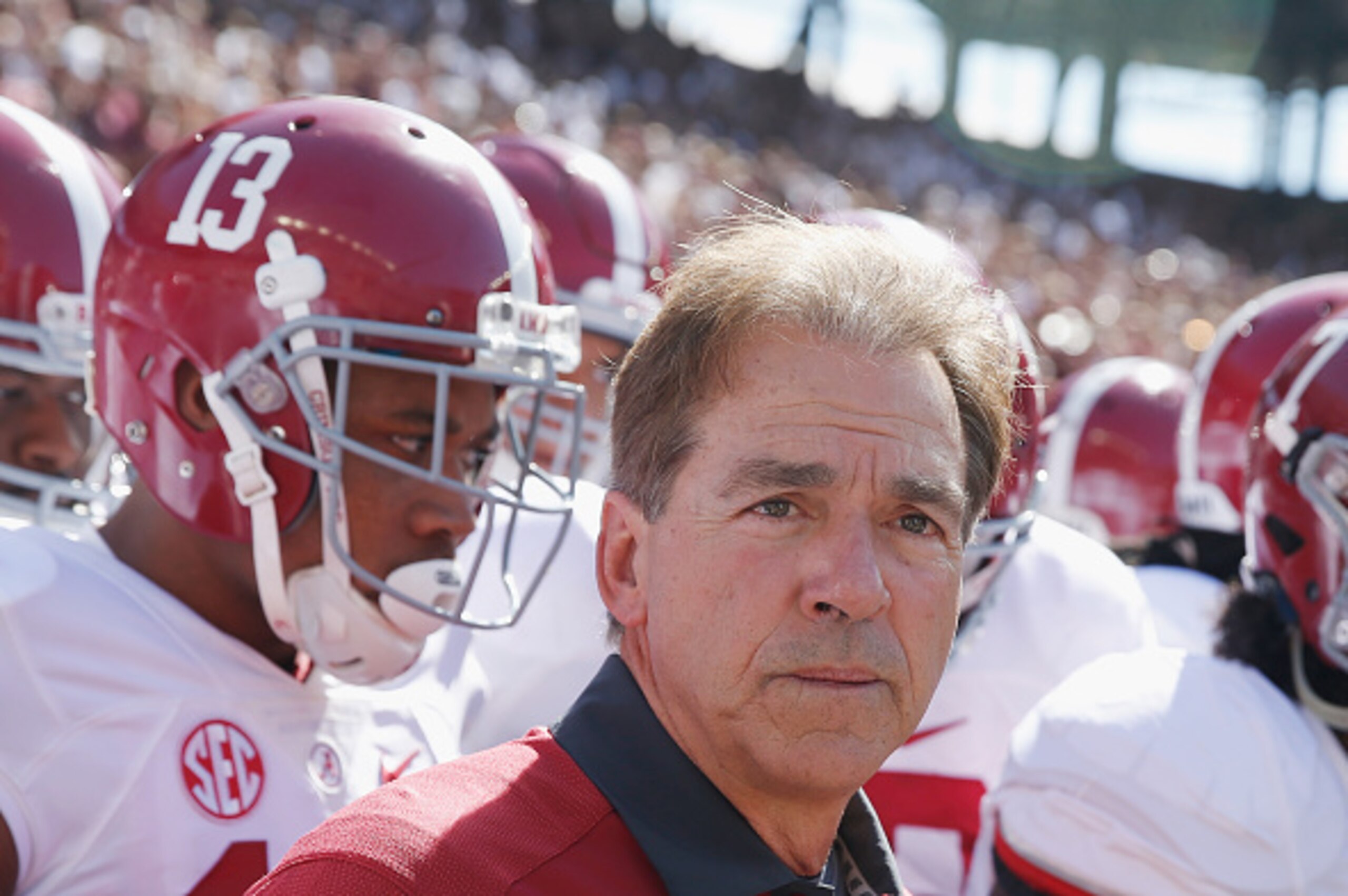COLLEGE STATION, TX - OCTOBER 17:  Head coach Nick Saban of the Alabama Crimson Tide waits on the with his players on the field before the start of their game against the Texas A&M Aggies at Kyle Field on October 17, 2015 in College Station, Texas.  (Phot