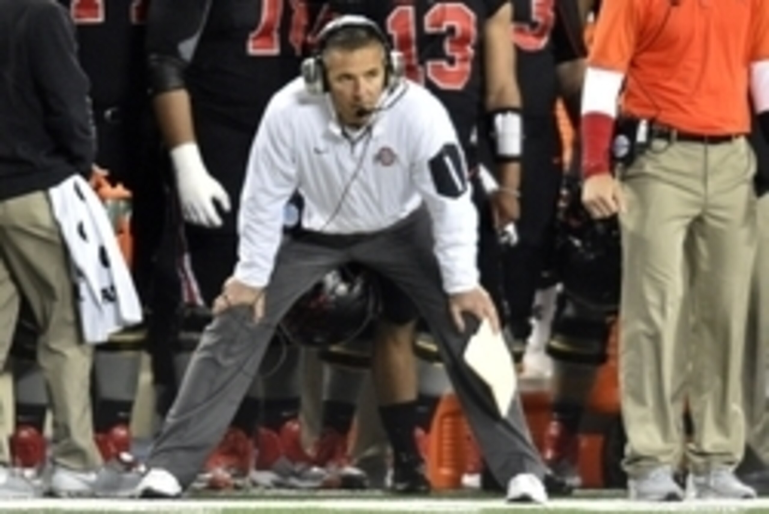 Oct 17, 2015; Columbus, OH, USA; Ohio State Buckeyes head coach Urban Meyer looks on during the first half against the Penn State Nittany Lions at Ohio Stadium. Mandatory Credit: James Lang-USA TODAY Sports