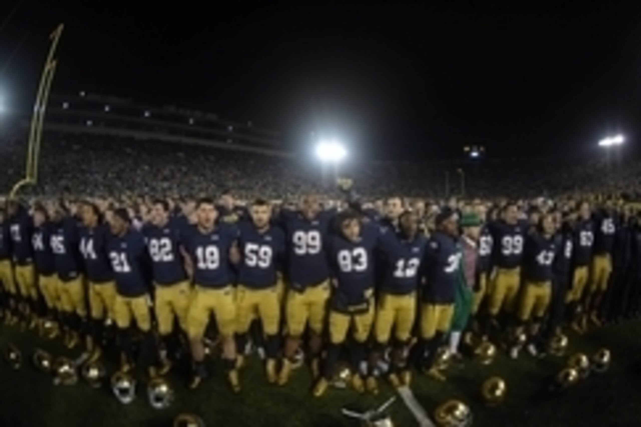 Oct 17, 2015; South Bend, IN, USA; Notre Dame Fighting Irish players celebrate after the game against the Southern California Trojans tat Notre Dame Stadium. Mandatory Credit: Kirby Lee-USA TODAY Sports