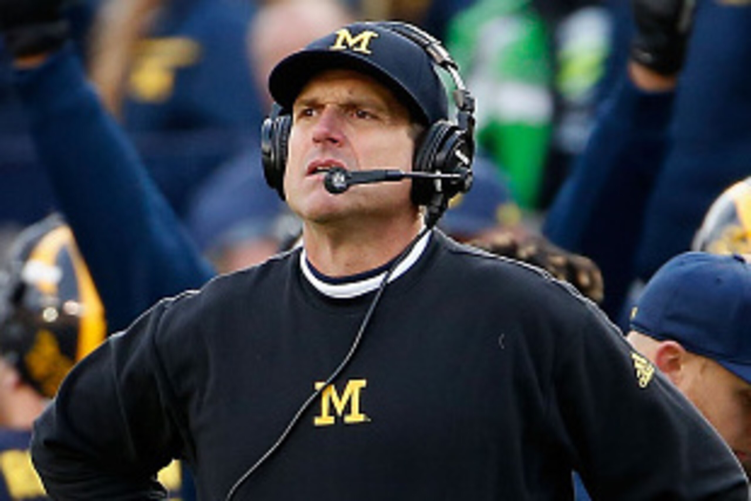 ANN ARBOR, MI - OCTOBER 17:  Head coach Jim Harbaugh of the Michigan Wolverines reacts on the sidlines during the second quarter of the college football game against the Michigan State Spartans at Michigan Stadium on October 17, 2015 in Ann Arbor, Michiga
