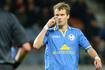 BORISOV,BELARUS - SEPTEMBER 30:  Denis Polyakov of Bate Borisov in action during the UEFA Champions League Group H match between Bate Borisov and Athletic Bilbao at the Borisov Arena on September 30, 2014 in Borisov, Belarus. (Photo by Maxim Malinovsky/Eu