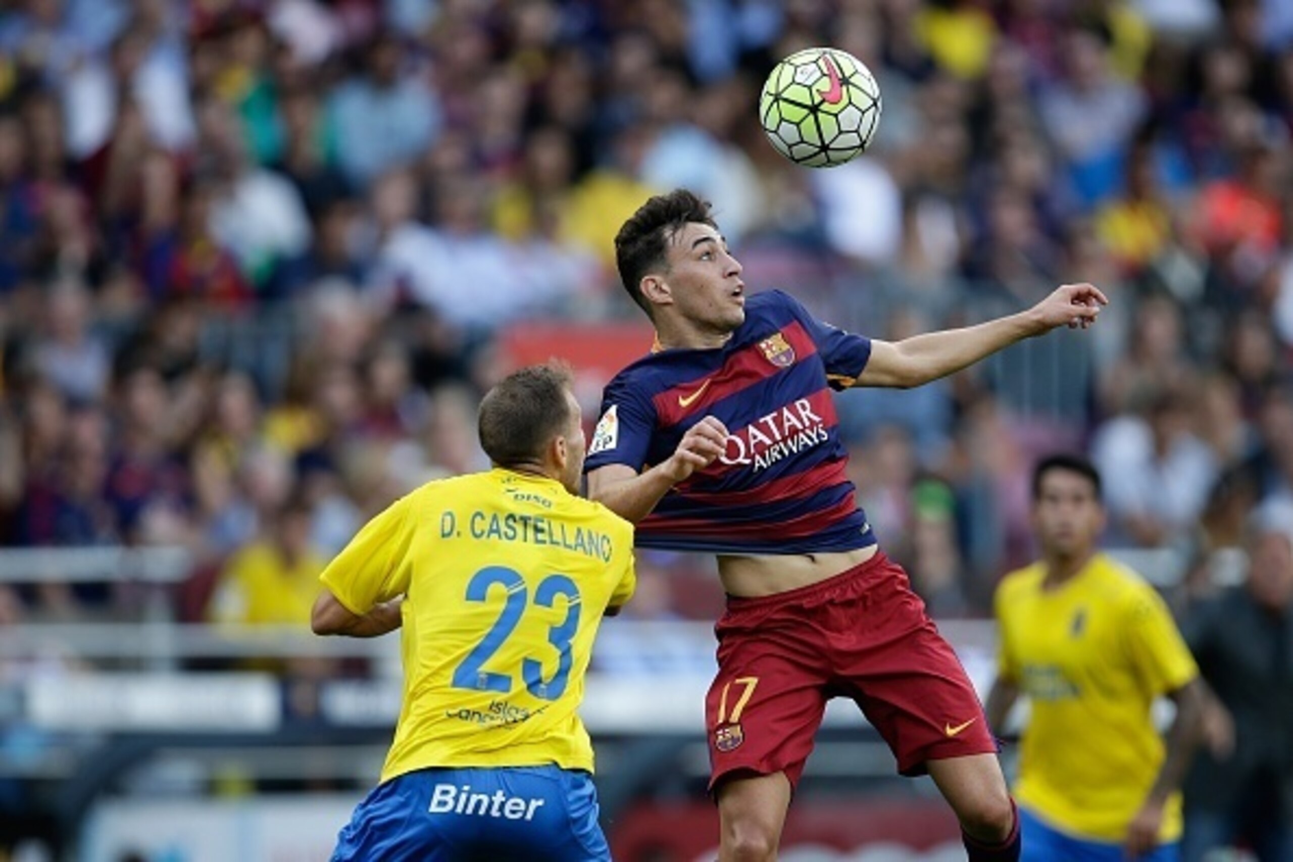 (L-R) Castellano of Las palmas, Munir El Haddadi of FC Barcelona during the Primera Division match between FC Barcelona and Las Palmas on September 26, 2015 at Camp Nou stadium in Barcelona, Spain.(Photo by VI Images via Getty Images)