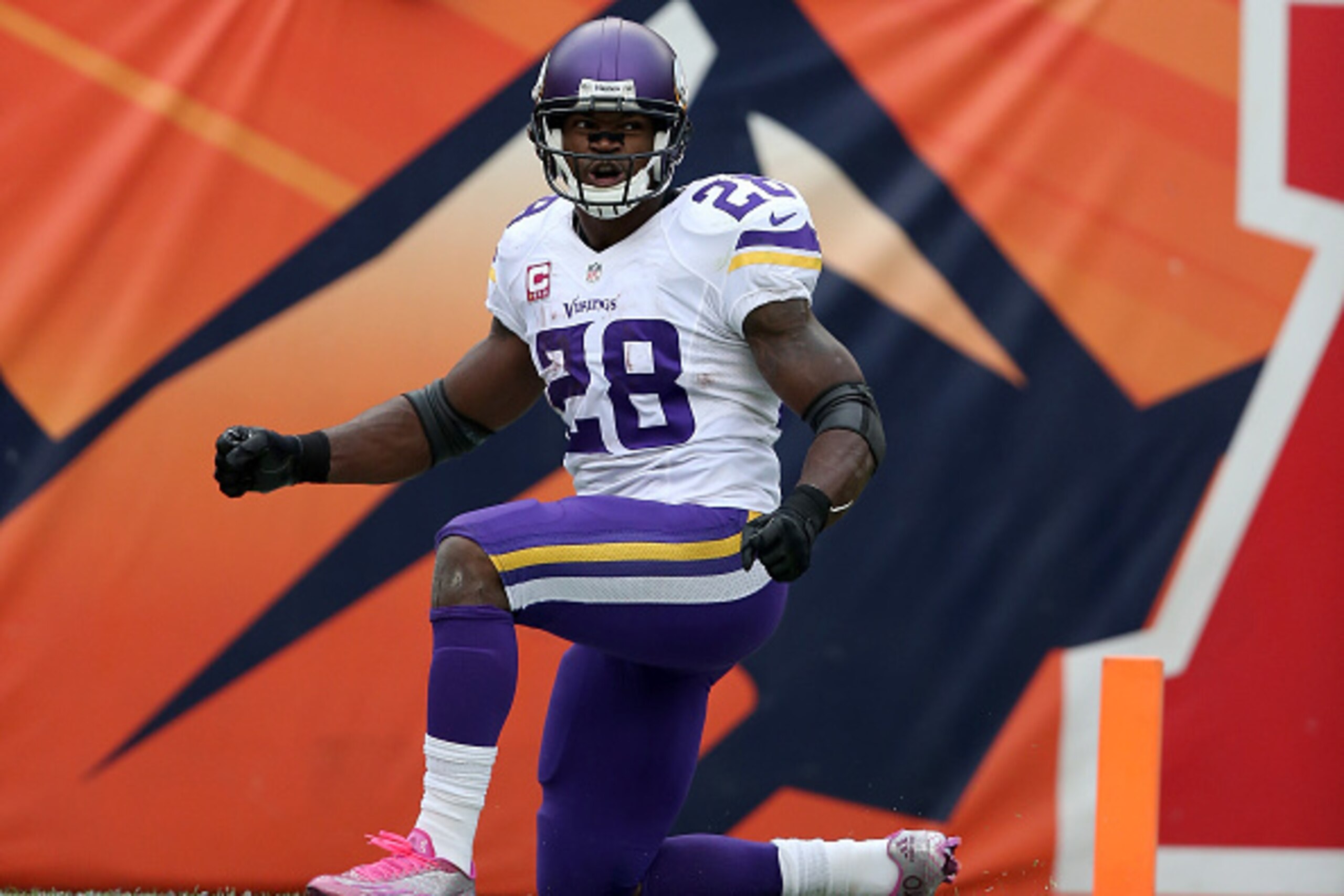 DENVER, CO - OCTOBER 4:  Running back Adrian Peterson #28 of the Minnesota Vikings celebrates a touchdown against the Denver Broncos at Sports Authority Field at Mile High on October 4, 2015 in Denver, Colorado. The Broncos defeated the Vikings 23-30.  (P