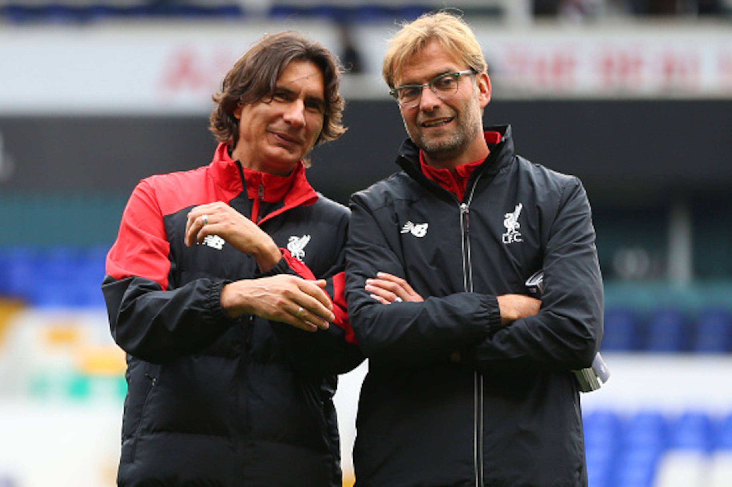 LONDON, ENGLAND - OCTOBER 17:  Jurgen Klopp manager of Liverpool and Zeljko Buvac assistant manager of Liverpool chat before the Barclays Premier League match between Tottenham Hotspur and Liverpool at White Hart Lane on October 17, 2015 in London, Englan