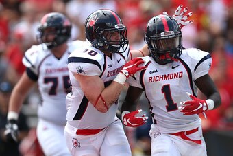 COLLEGE PARK, MD - SEPTEMBER 05: Running back Jacobi Green #1 of the Richmond Spiders celebrates after scoring a touchdown against the Maryland Terrapins in the second quarter at Byrd Stadium on September 5, 2015 in College Park, Maryland. (Photo by Patri