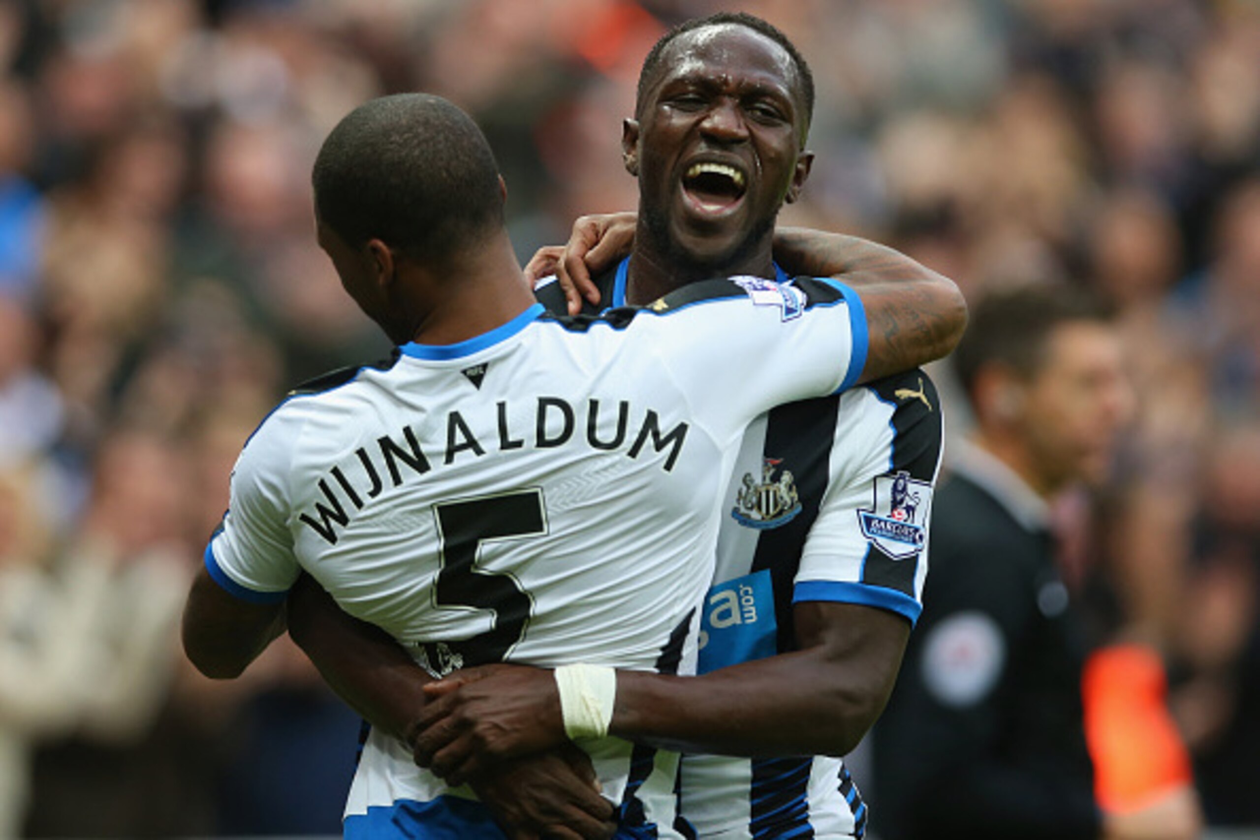 NEWCASTLE UPON TYNE, ENGLAND - OCTOBER 18:  Georginio Wijnaldum of Newcastle United celebrates with Moussa Sissoko as he scores the opening goal during the Barclays Premier League match between Newcastle United and Norwich City at St James' Park on Octobe