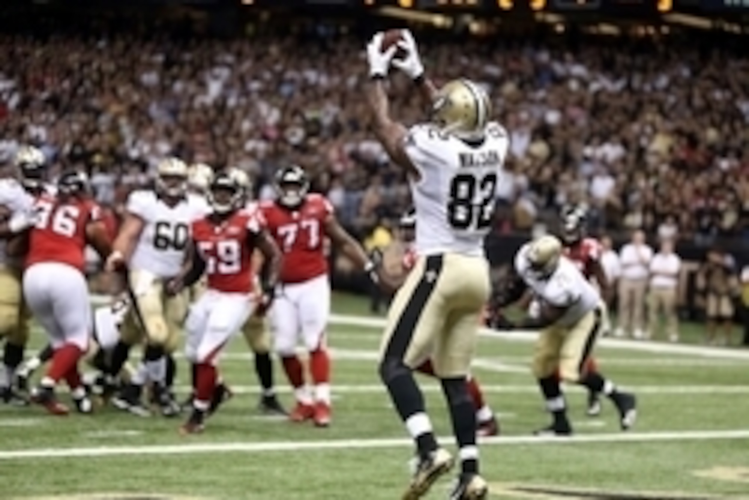 Oct 15, 2015; New Orleans, LA, USA; New Orleans Saints tight end Benjamin Watson (82) makes a two-yard touchdown catch in the third quarter against the Atlanta Falcons of their game at the Mercedes-Benz Superdome. Mandatory Credit: Chuck Cook-USA TODAY Sp Oct 15, 2015; New Orleans, LA, USA; New Orleans Saints tight end Benjamin Watson (82) makes a two-yard touchdown catch in the third quarter against the Atlanta Falcons of their game at the Mercedes-Benz Superdome. Mandatory Credit: Chuck Cook-USA TODAY Sp