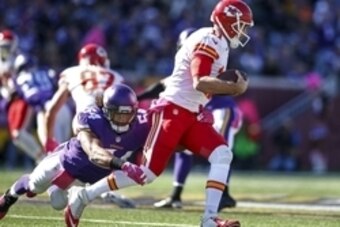Oct 18, 2015; Minneapolis, MN, USA; Minnesota Vikings linebacker Eric Kendricks (54) sacks Kansas City Chiefs quarterback Alex Smith (11) in the first quarter at TCF Bank Stadium. Mandatory Credit: Bruce Kluckhohn-USA TODAY Sports