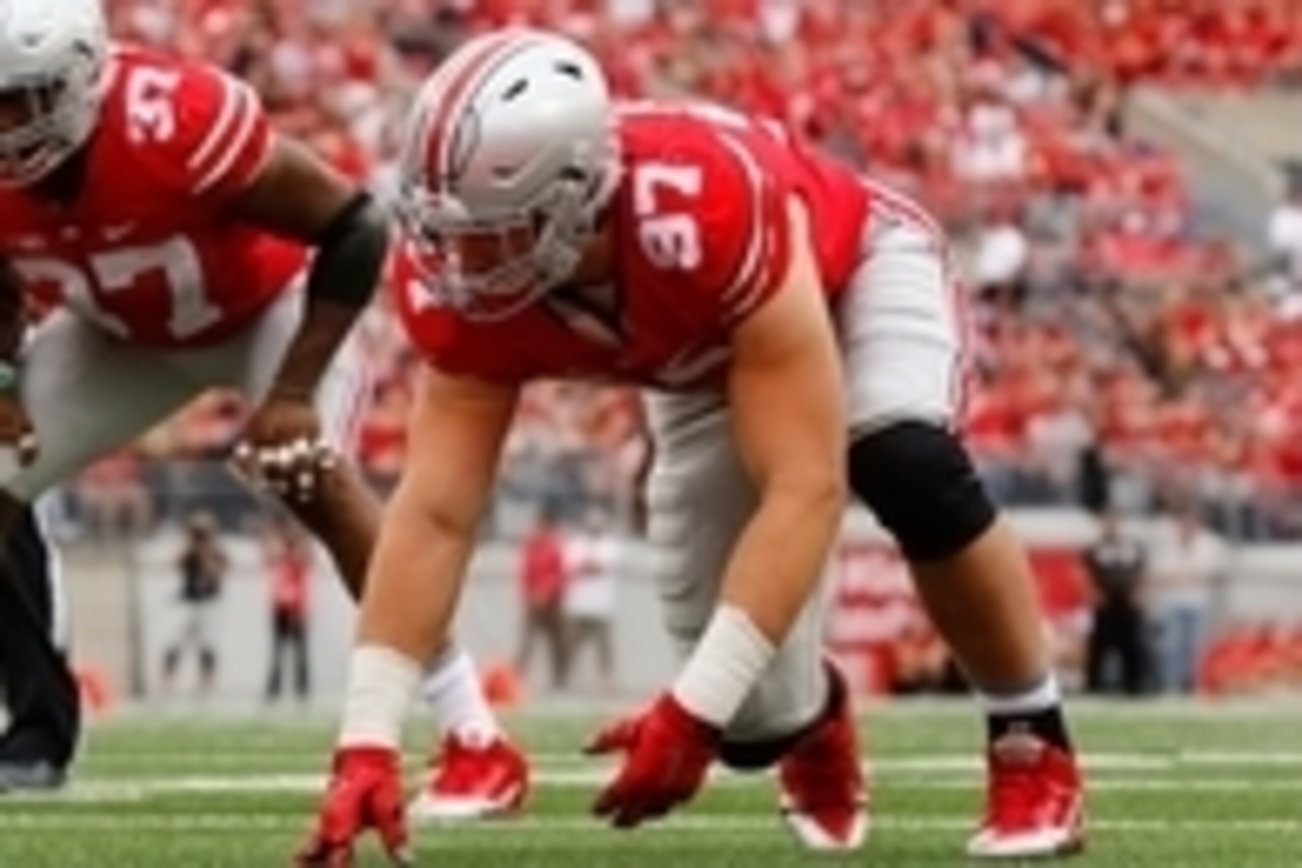 Sep 26, 2015; Columbus, OH, USA; Ohio State Buckeyes defensive lineman Joey Bosa (97) lines up versus the Western Michigan Broncos at Ohio Stadium. Ohio State won the game 38-12. Mandatory Credit: Joe Maiorana-USA TODAY Sports