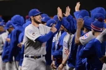 Oct 17, 2015; New York City, NY, USA; Chicago Cubs third baseman Kris Bryant  is introduced before game one of the NLCS against the New York Mets at Citi Field. Mandatory Credit: Robert Deutsch-USA TODAY Sports