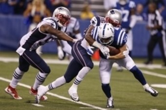 Oct 18, 2015; Indianapolis, IN, USA; Indianapolis Colts wide receiver Griff Whalen (17) is tackled by New England Patriots defensive back Brandon King (36) during the NFL game at Lucas Oil Stadium. Mandatory Credit: Brian Spurlock-USA TODAY Sports