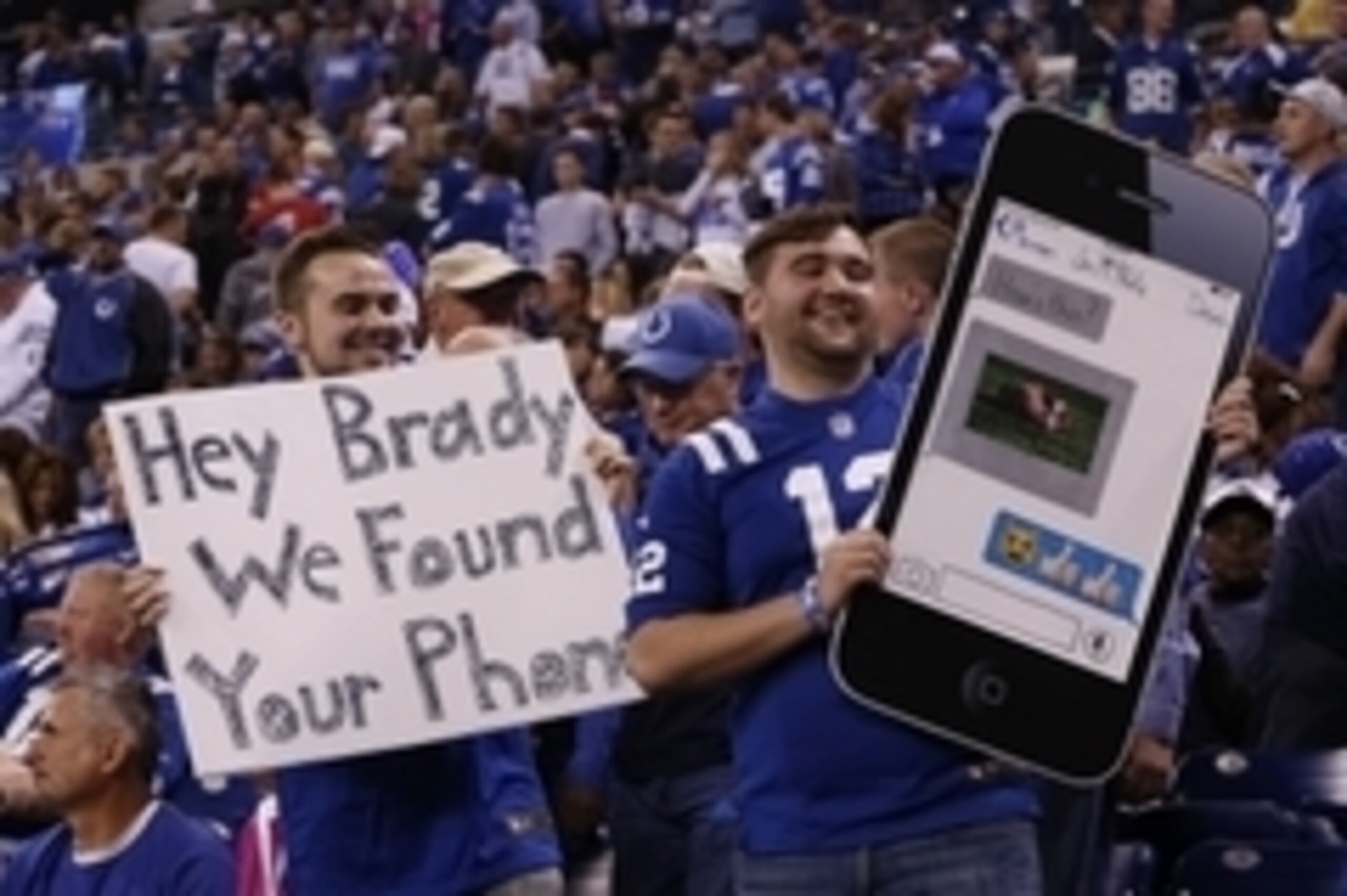 Oct 18, 2015; Indianapolis, IN, USA; Indianapolis Colts fans hold up signs referencing Deflategate in the first half during the NFL game against the New York Mets at Lucas Oil Stadium. Mandatory Credit: Brian Spurlock-USA TODAY Sports