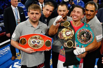 NEW YORK, NY - OCTOBER 17:  Gennady Golovkin celebrates his eigth round tko against  David Lemieux during their WBA/WBC interim/IBF middleweight title unification bout at Madison Square Garden on October 17, 2015 in New York City.  (Photo by Al Bello/Gett