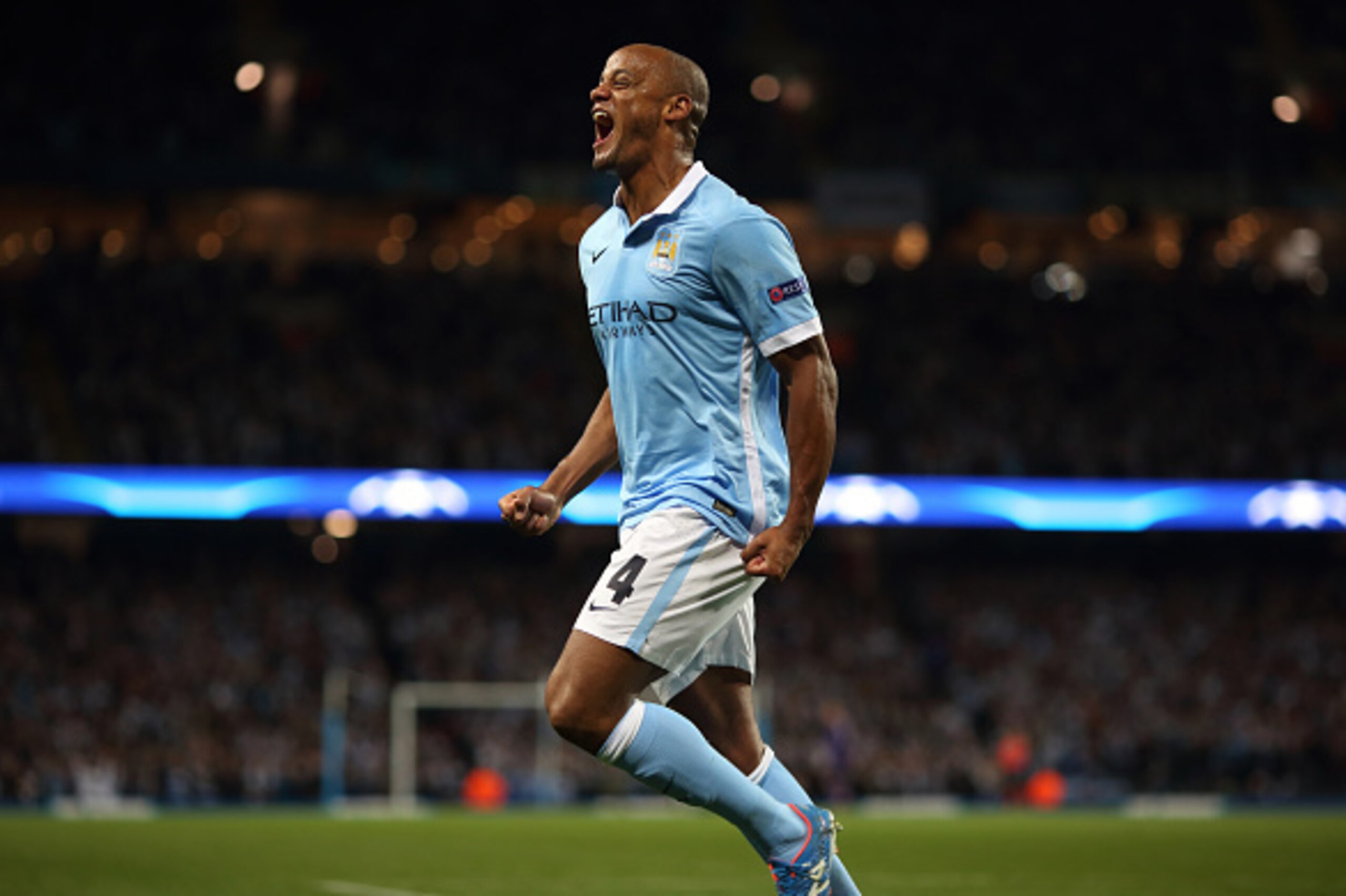 MANCHESTER, ENGLAND - SEPTEMBER 15:  Vincent Kompany of Manchester City celebrates after Giorgio Chiellini of Juventus scored an own goal to make it 1-0 during the  UEFA Champions League Group D match between Manchester City FC and Juventus at the Etihad 