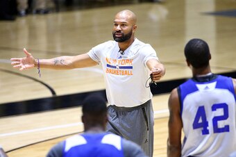 WEST POINT, NY - SEPTEMBER 30:  Derek Fisher of the New York Knicks coaches at practice on September 30, 2015 at West Point. NOTE TO USER: User expressly acknowledges and agrees that, by downloading and or using this photograph, User is consenting to the 