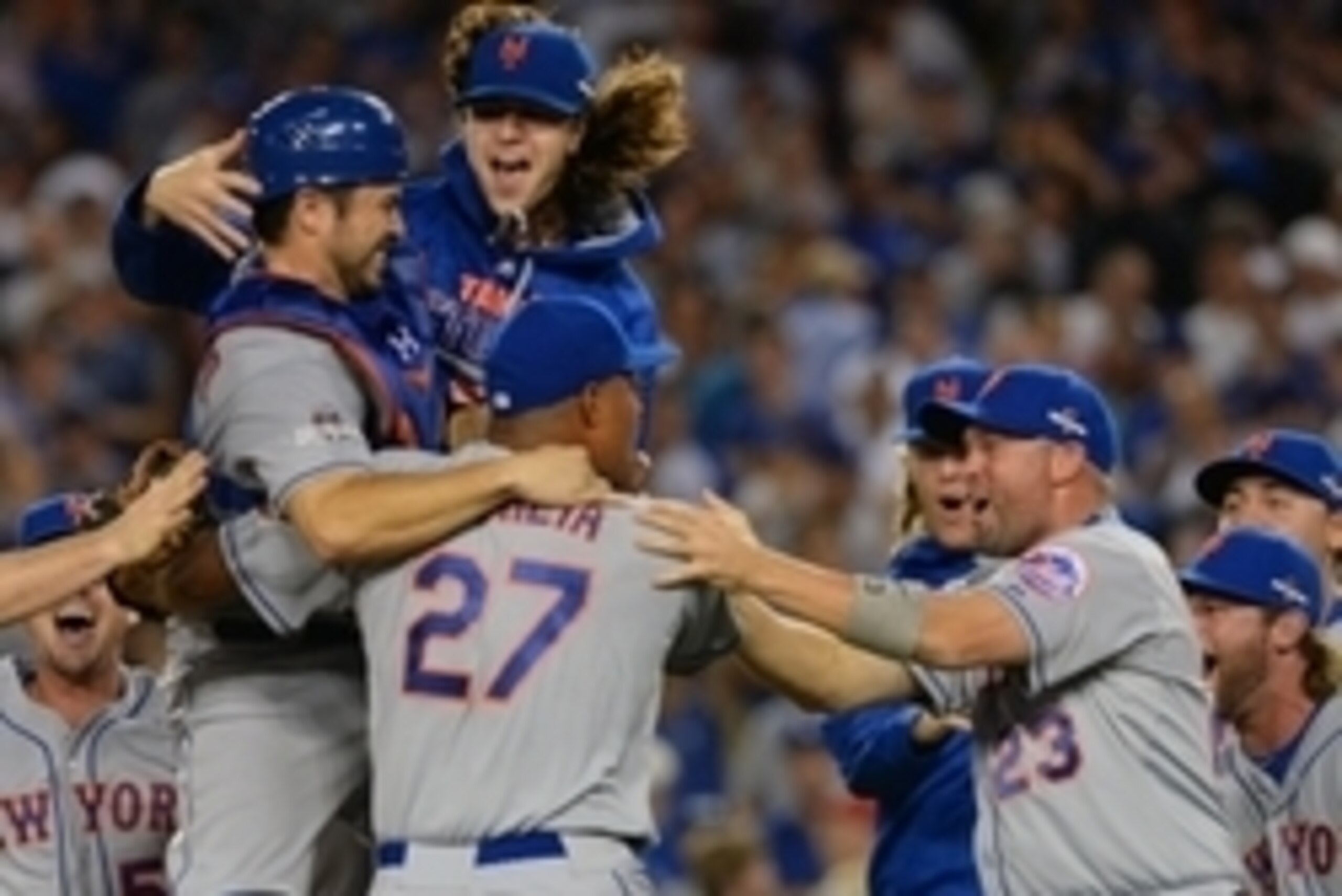 October 15, 2015; Los Angeles, CA, USA; New York Mets starting pitcher Jacob deGrom (48) celebrates the 3-2 victory against Los Angeles Dodgers in game five of NLDS at Dodger Stadium. Mandatory Credit: Jayne Kamin-Oncea-USA TODAY Sports