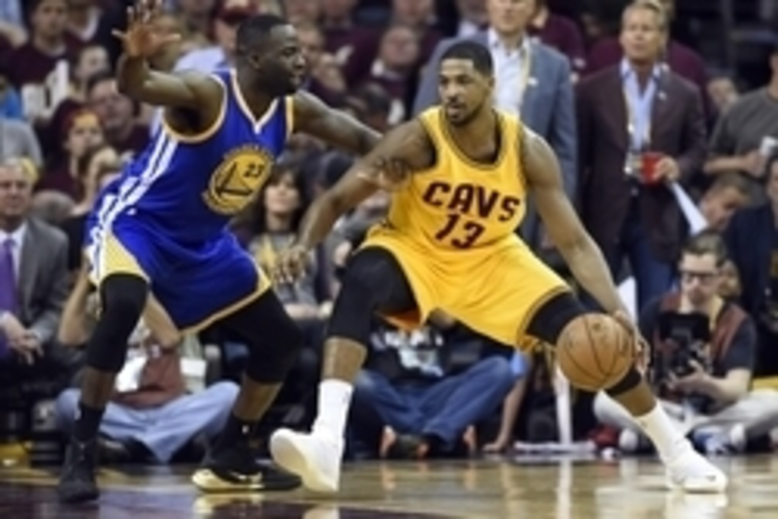 Jun 9, 2015; Cleveland, OH, USA; Cleveland Cavaliers center Tristan Thompson (13) handles the ball against Cleveland Cavaliers forward LeBron James (23) during the first quarter in game three of the NBA Finals at Quicken Loans Arena. Mandatory Credit: Bob Jun 9, 2015; Cleveland, OH, USA; Cleveland Cavaliers center Tristan Thompson (13) handles the ball against Cleveland Cavaliers forward LeBron James (23) during the first quarter in game three of the NBA Finals at Quicken Loans Arena. Mandatory Credit: Bob
