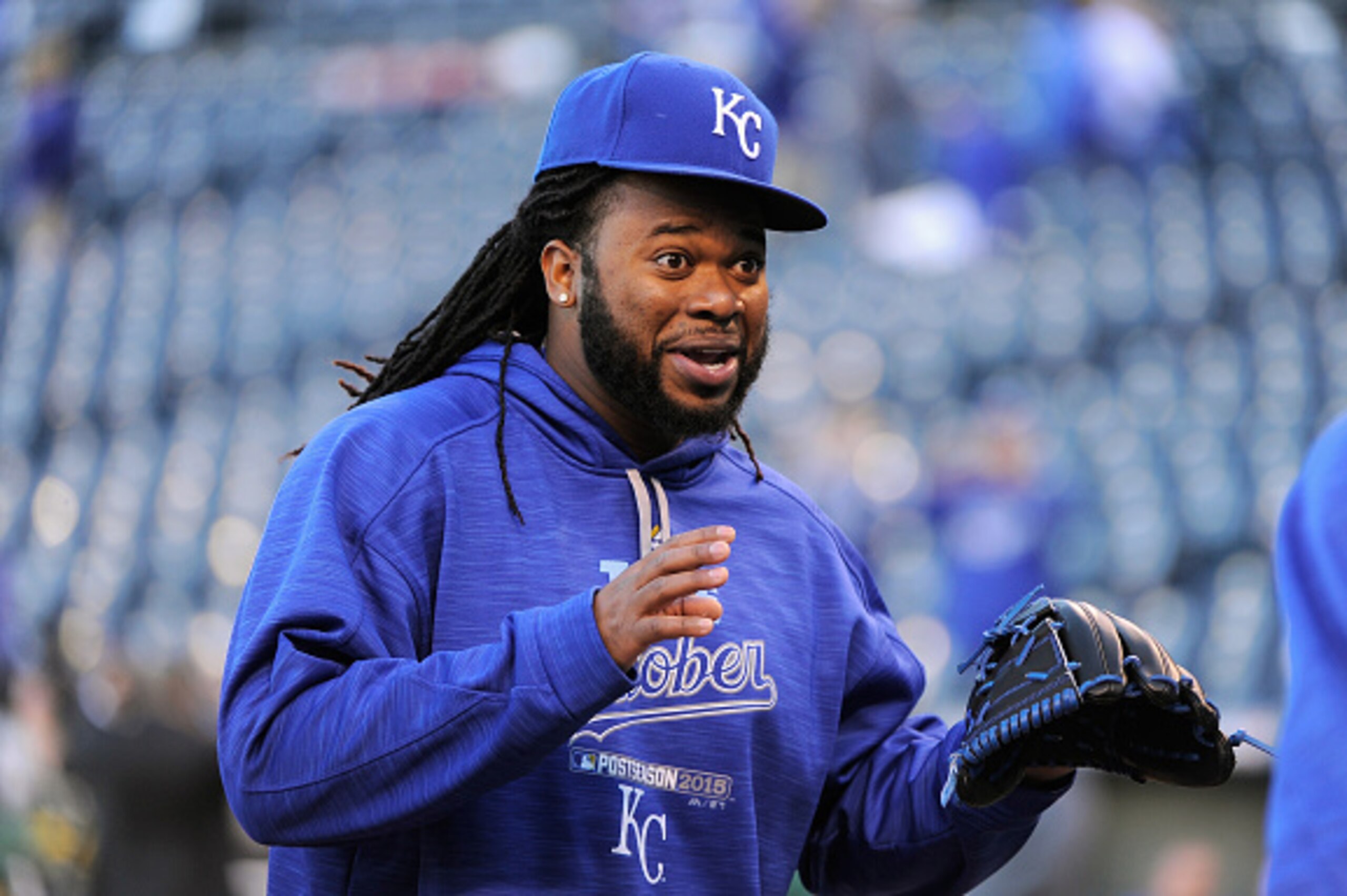 KANSAS CITY, MO - OCTOBER 16:  Johnny Cueto #47 of the Kansas City Royals reacts prior to game one of the American League Championship Series between the Kansas City Royals and the Toronto Blue Jays at Kauffman Stadium on October 16, 2015 in Kansas City, 