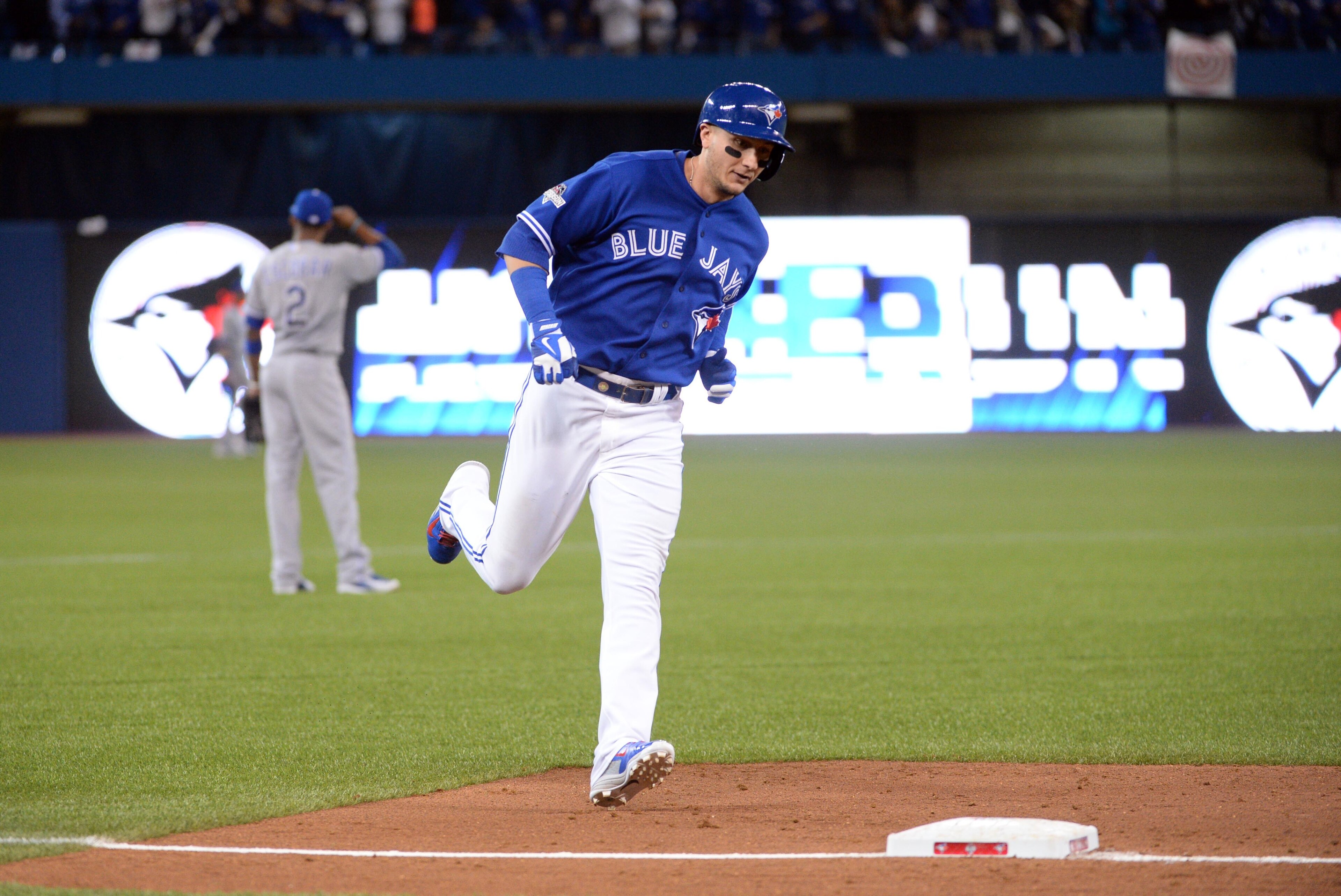 Oct 19, 2015; Toronto, Ontario, CAN; Toronto Blue Jays shortstop Troy Tulowitzki (2) rounds the bases after hitting a three-run home run against the Kansas City Royals during the third inning in game three of the ALCS at Rogers Centre. Mandatory Credit: N