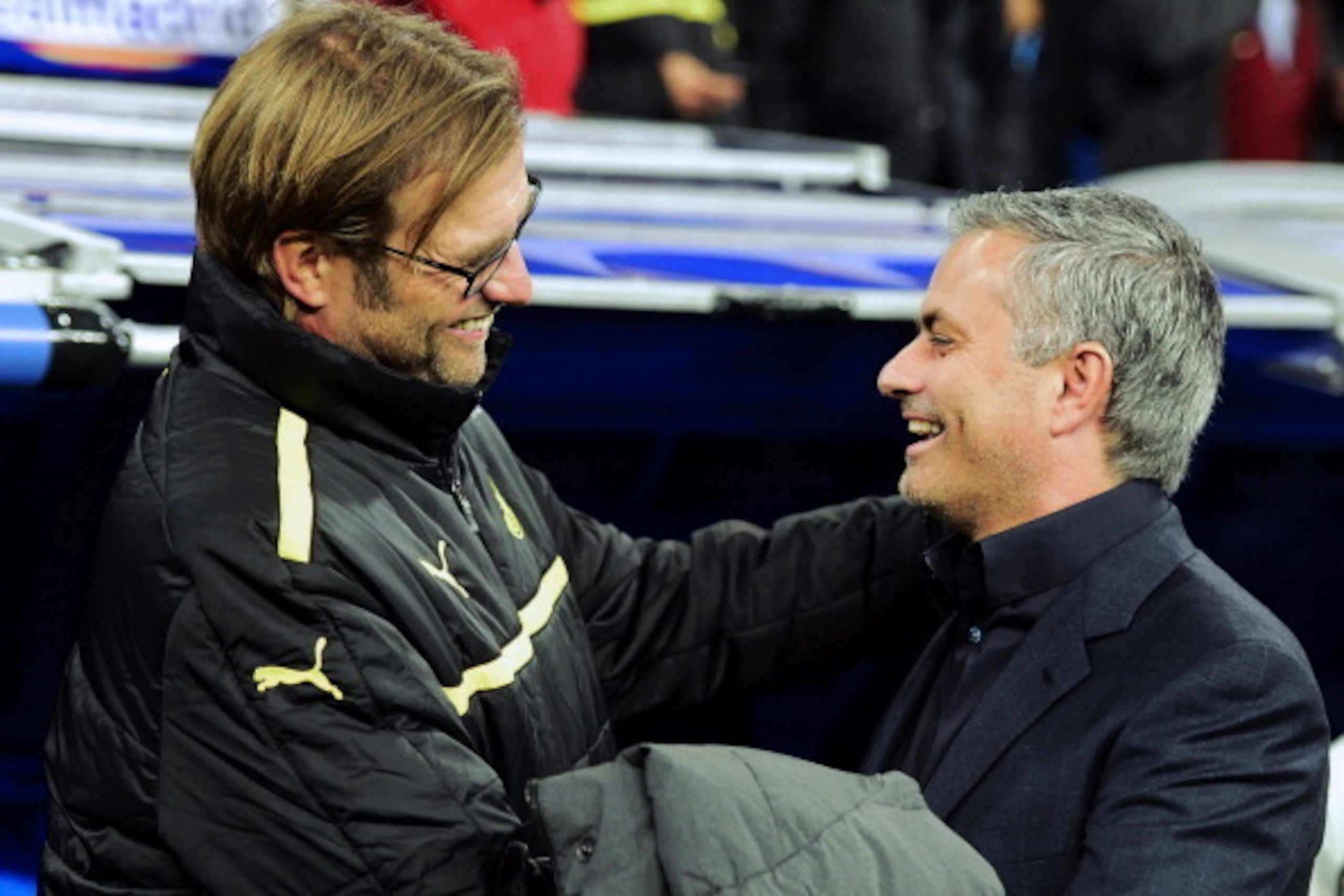 Borussia Dortmund's head coach Juergen Klopp (L) greets Real Madrid's Portuguese coach Jose Mourinho (R) before the UEFA Champions League football match Real Madrid FC vs Borussia Dortmund at the Santiago Bernabeu stadium in Madrid on November 6, 2012. A Borussia Dortmund's head coach Juergen Klopp (L) greets Real Madrid's Portuguese coach Jose Mourinho (R) before the UEFA Champions League football match Real Madrid FC vs Borussia Dortmund at the Santiago Bernabeu stadium in Madrid on November 6, 2012. A