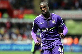 SWANSEA, WALES - MAY 17: Yaya Toure of Manchester City celebrates his second goal making the score 3-2 to his team during the Premier League match between Swansea City and Manchester City at The Liberty Stadium on May 17, 2015 in Swansea, Wales. (photo by