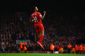 LIVERPOOL, ENGLAND - APRIL 13:  Raheem Sterling of Liverpool celebrates as he scores their first goal during the Barclays Premier League match between Liverpool and Newcastle United at Anfield on April 13, 2015 in Liverpool, England.  (Photo by Clive Brun