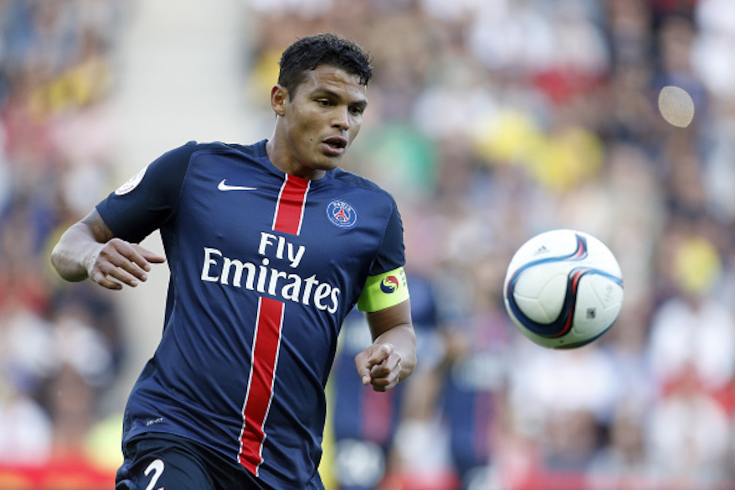 NANTES, FRANCE - SEPTEMBER 26: Thiago Silva of PSG in action during the French Ligue 1 match between FC Nantes and Paris Saint-Germain (PSG) at Stade de la Beaujoire on September 26, 2015 in Nantes, France. (Photo by Jean Catuffe/Getty Images)