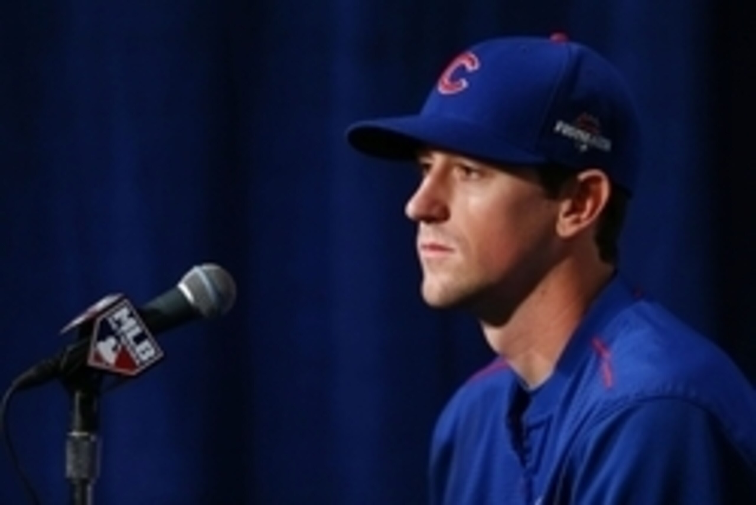 Oct 19, 2015; Chicago, IL, USA; Chicago Cubs starting pitcher Kyle Hendricks speaks at a press conference during practice the day before game three of the 2015 NLCS at Wrigley Field. Mandatory Credit: Jerry Lai-USA TODAY Sports