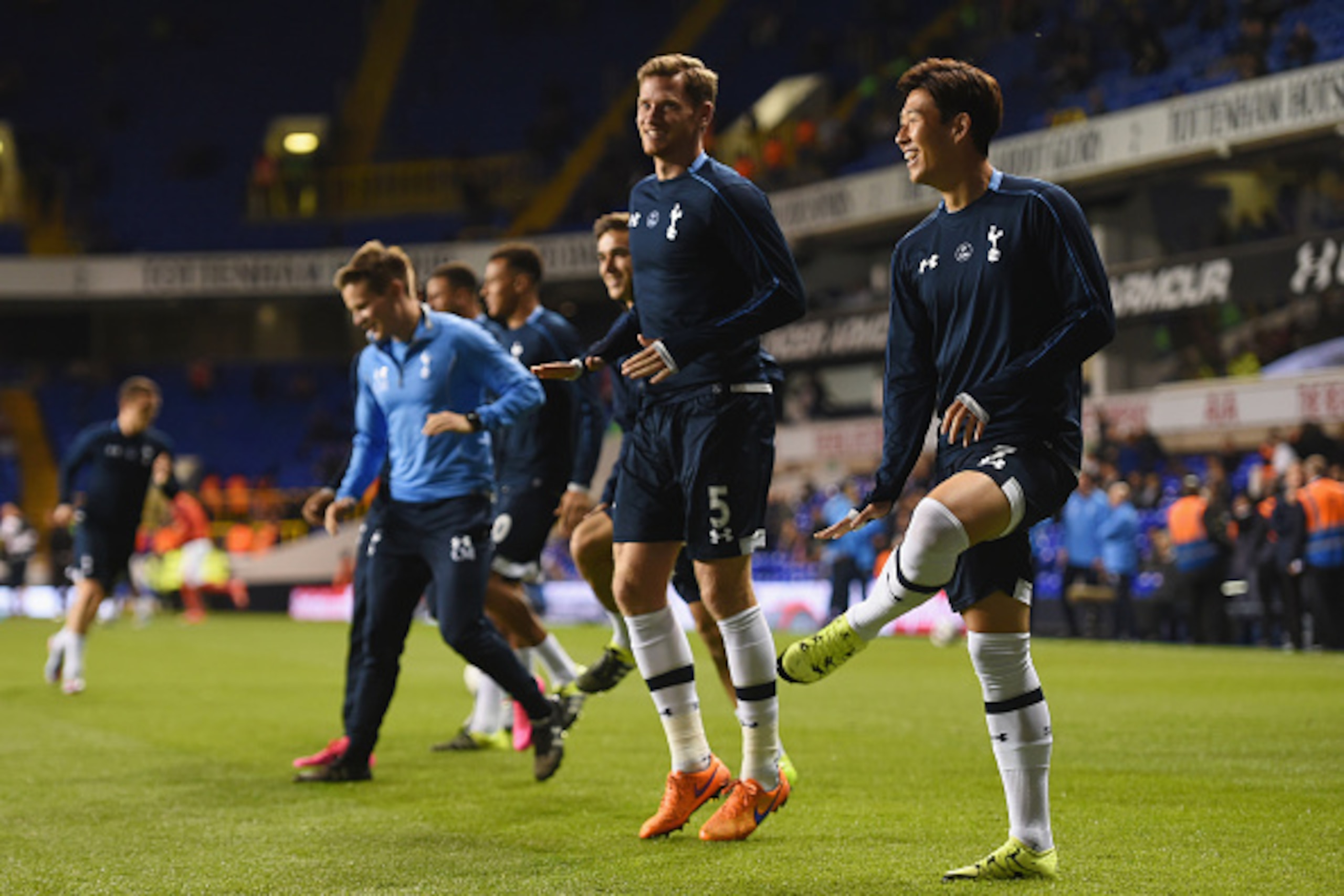 LONDON, ENGLAND - SEPTEMBER 23:  Son Heung-Min and Jan Vertonghen of Tottenham Hotspur (5) warm up prior to the Capital One Cup third round match between Tottenham Hotspur and Arsenal at White Hart Lane on September 23, 2015 in London, England.  (Photo by