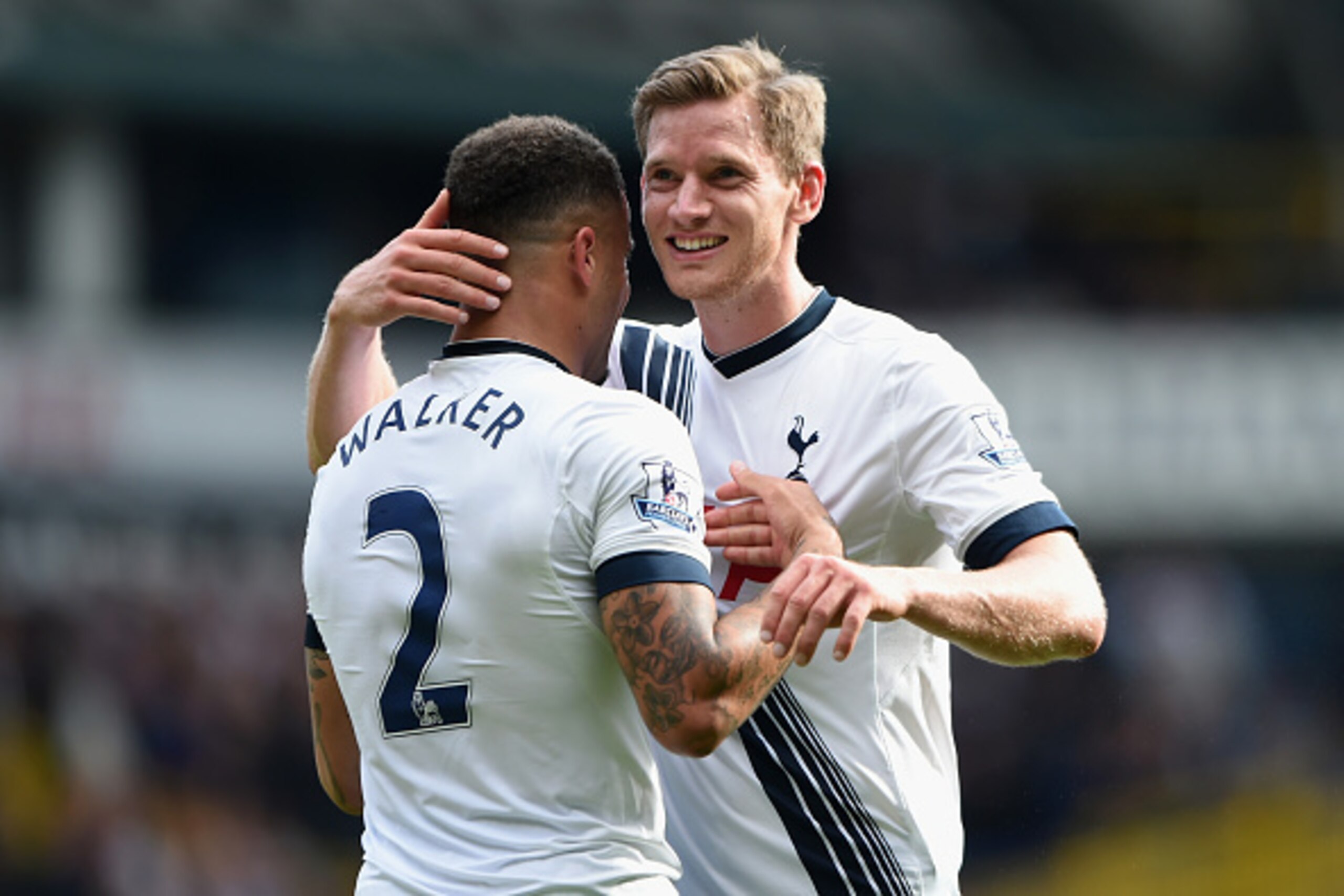 LONDON, ENGLAND - SEPTEMBER 26: Jan Vertonghen (R) and Kyle Walker (L) of Tottenham Hotspur celebrate their team's 4-1 win in the Barclays Premier League match between Tottenham Hotspur and Manchester City at White Hart Lane on September 26, 2015 in Londo